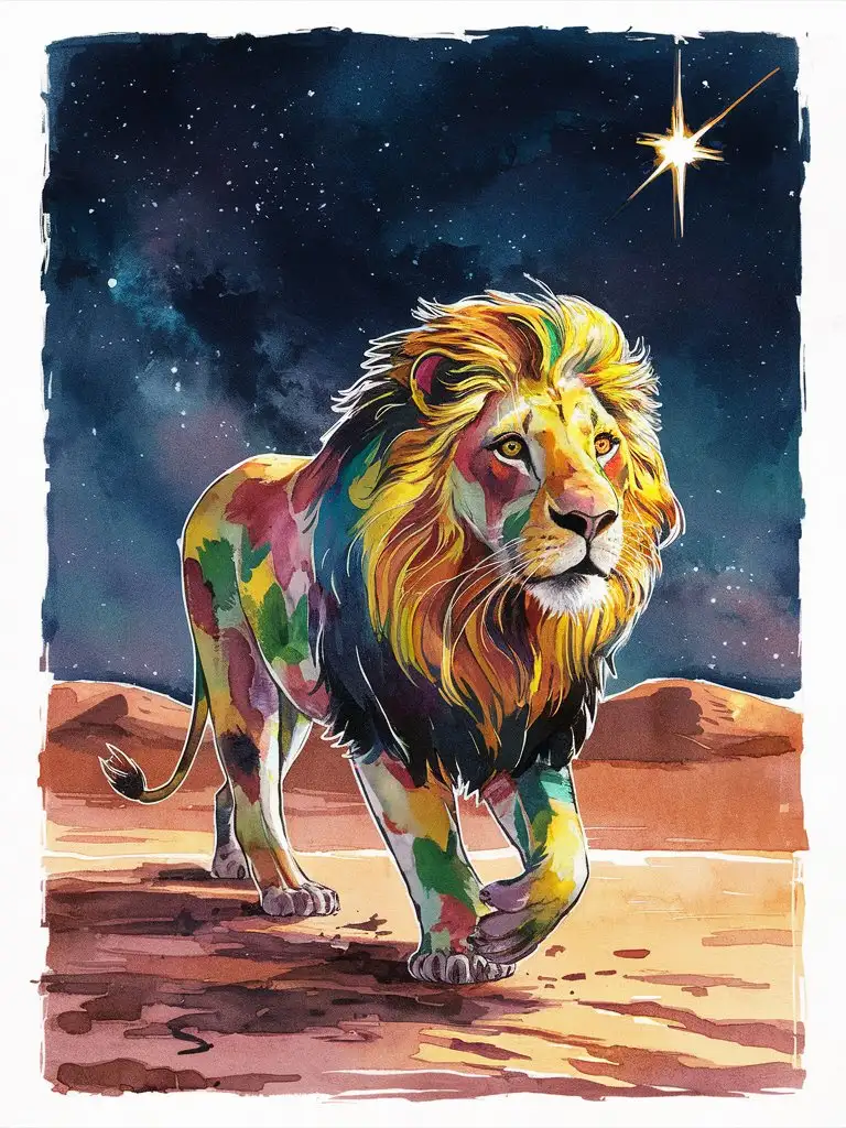 Majestic Golden Lion in Desert Night Colorful Tie Dye Watercolor