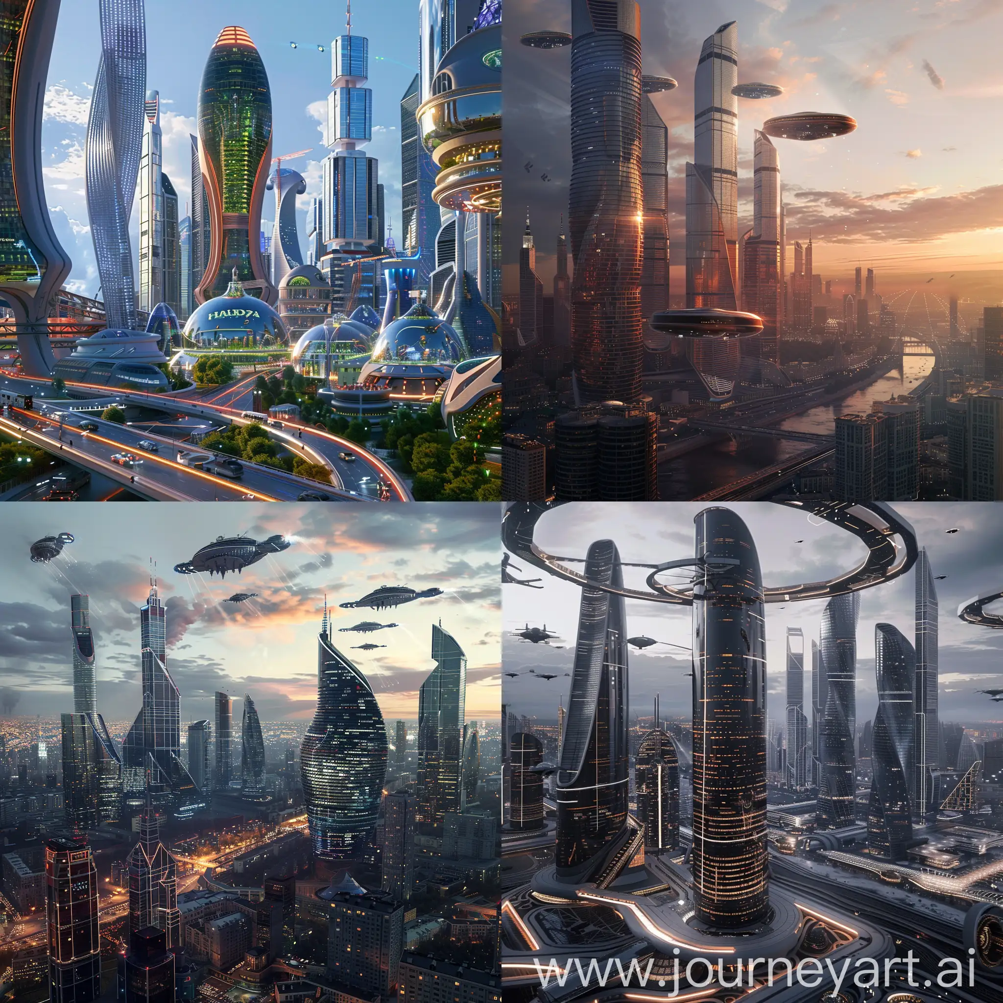 Sci-Fi Moscow, Advanced Science and Technology, Advanced, Smart Grids, Vertical Farms. Hyperloop Transit, AI Governance, Augmented Reality Navigation, Autonomous Vehicles, 3D Printed Buildings, Quantum Computing Hubs, Robotic Maintenance, Neural Interface Zones, Interactive Facades, Drone Highways, Energy-Generating Pavements, Environmental Purification Towers, Smart Lighting, Public Space Pods, Climate Control Domes, Holographic Signage, Nano-Tech Inspired Surfaces, Self-Illuminating Buildings, In Unreal Engine 5 Style --stylize 1000
