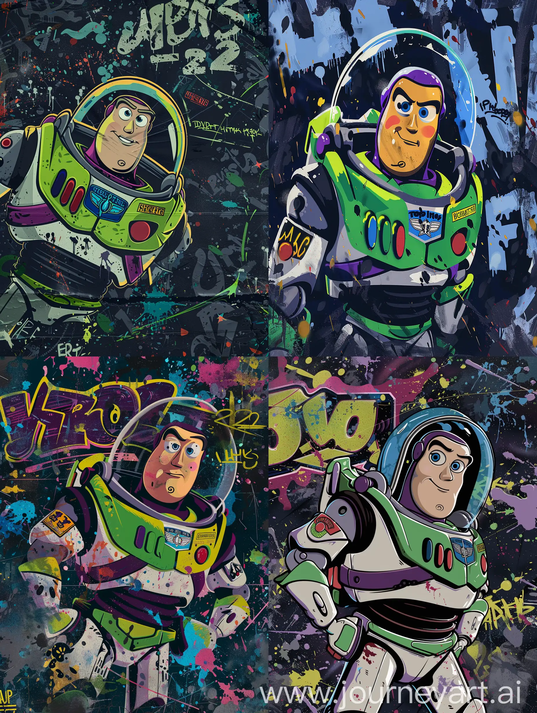 flat illustration graffiti on cava:2, fantasy illustration of the character buzz lightyear, from the movie toy story, buzz lightyear, close up, cosmos, galaxy, detailed, tag, background full of dark paint splash and graffiti text, random sized graffiti text all over typography:2, urban, canva texture, text 