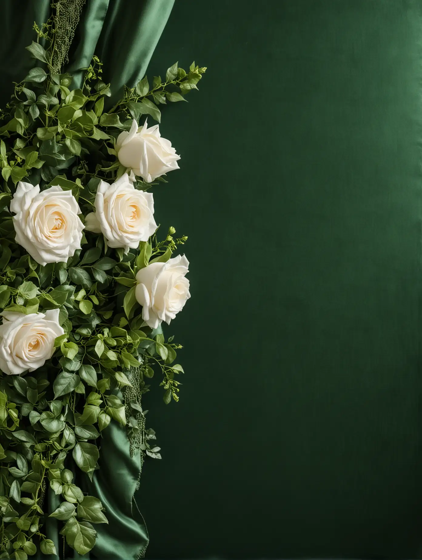 left side border, draped green fabric on which lies a few beautiful white roses and ivy, green velvet background
