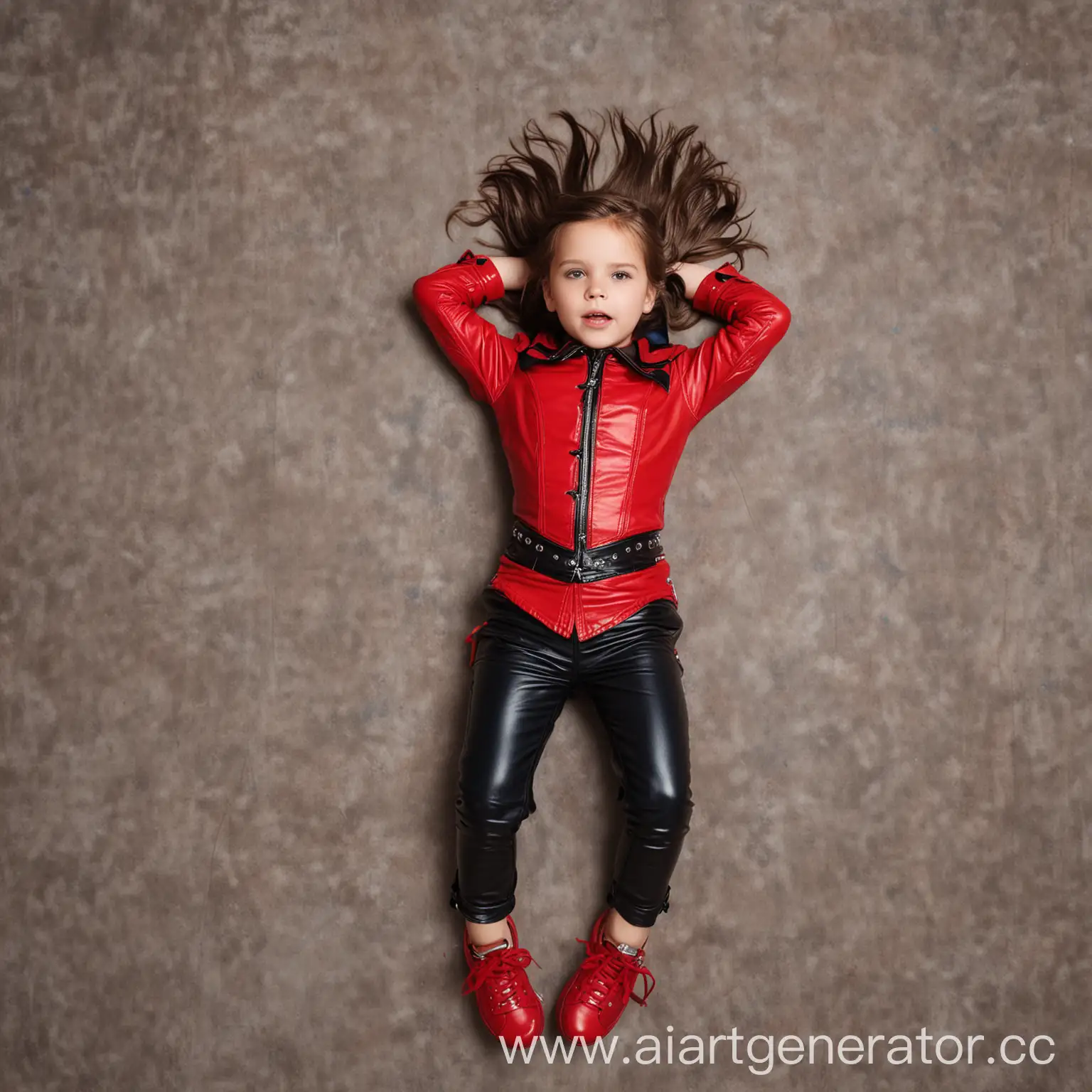 girl of 7 years old, black thing corset, red leather catsuit, black strong collar, red sneakers, blue leather shorts, lying on your back the legs are lifted up