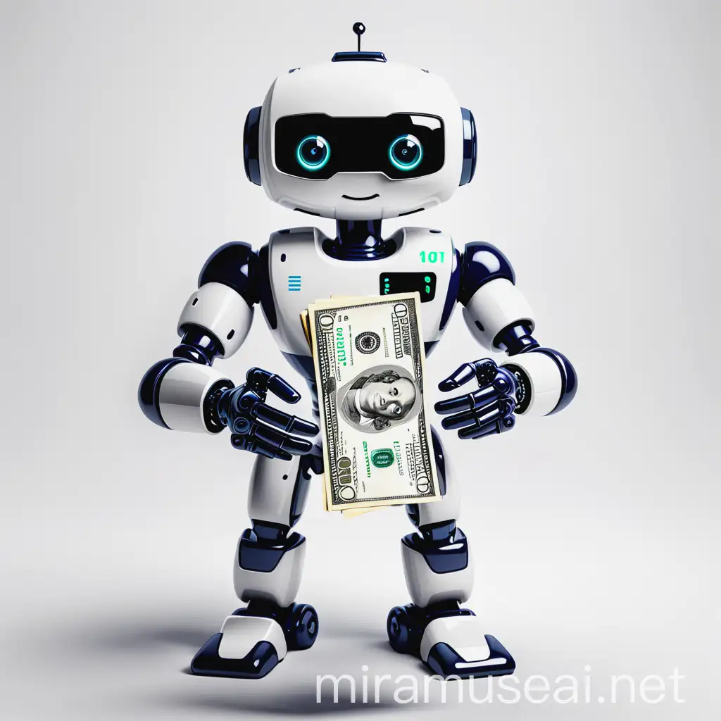 Придумай маскота для трейдинг бота на основе искусственного интилекта который в руках держит пачку долларов
(белый фон) 