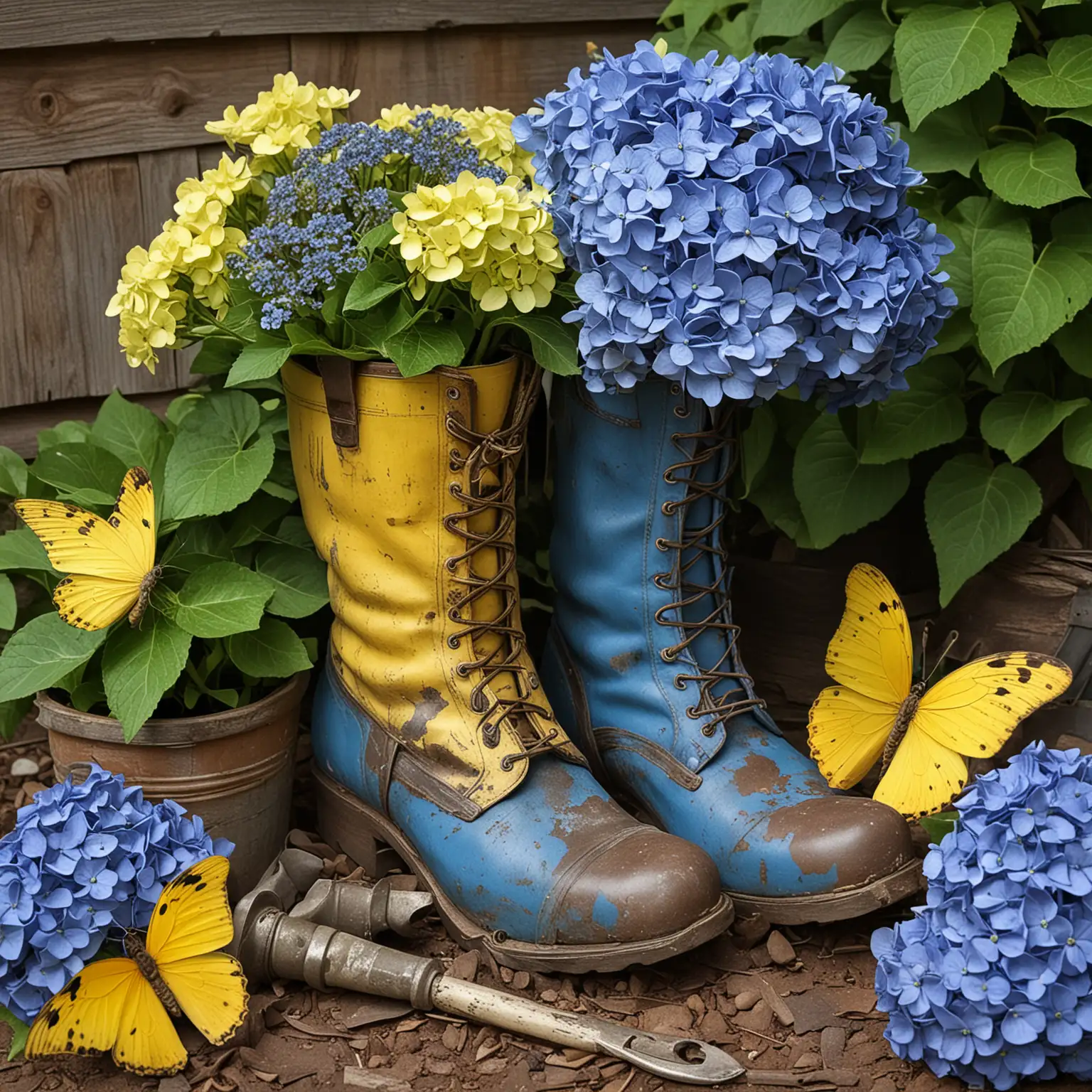 Generate an image of weathered, multicolored garden boots overflowing with lush, blue hydrangeas, with vintage garden tools leaning against them and a bright yellow butterfly gently perched on a petal. cartoony
