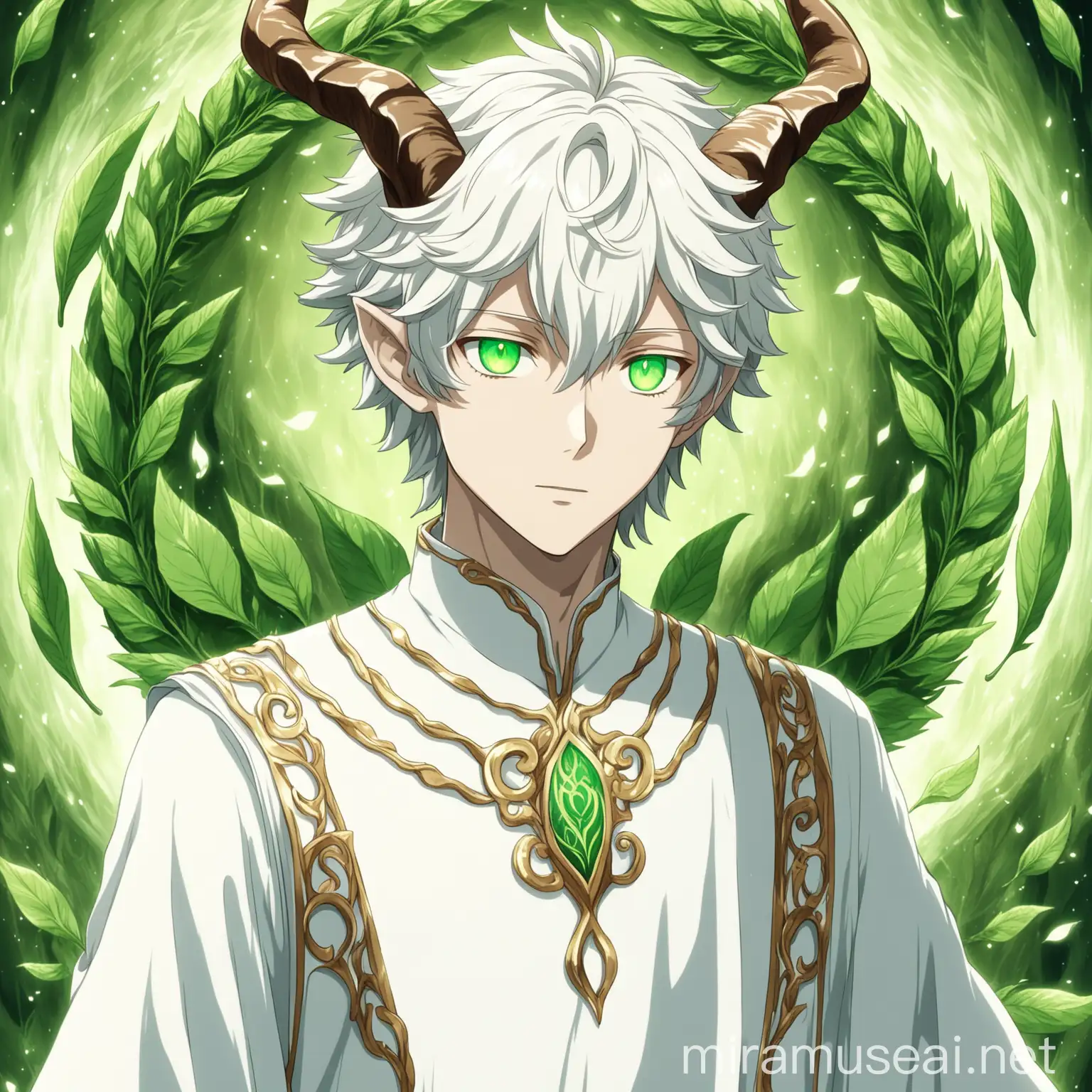 a humanoid with faun horns and wolf hears. He has green leaf-colored eyes. he has white wavy medium cut hair. He wears an elegant white tunic with some symbols. in anime