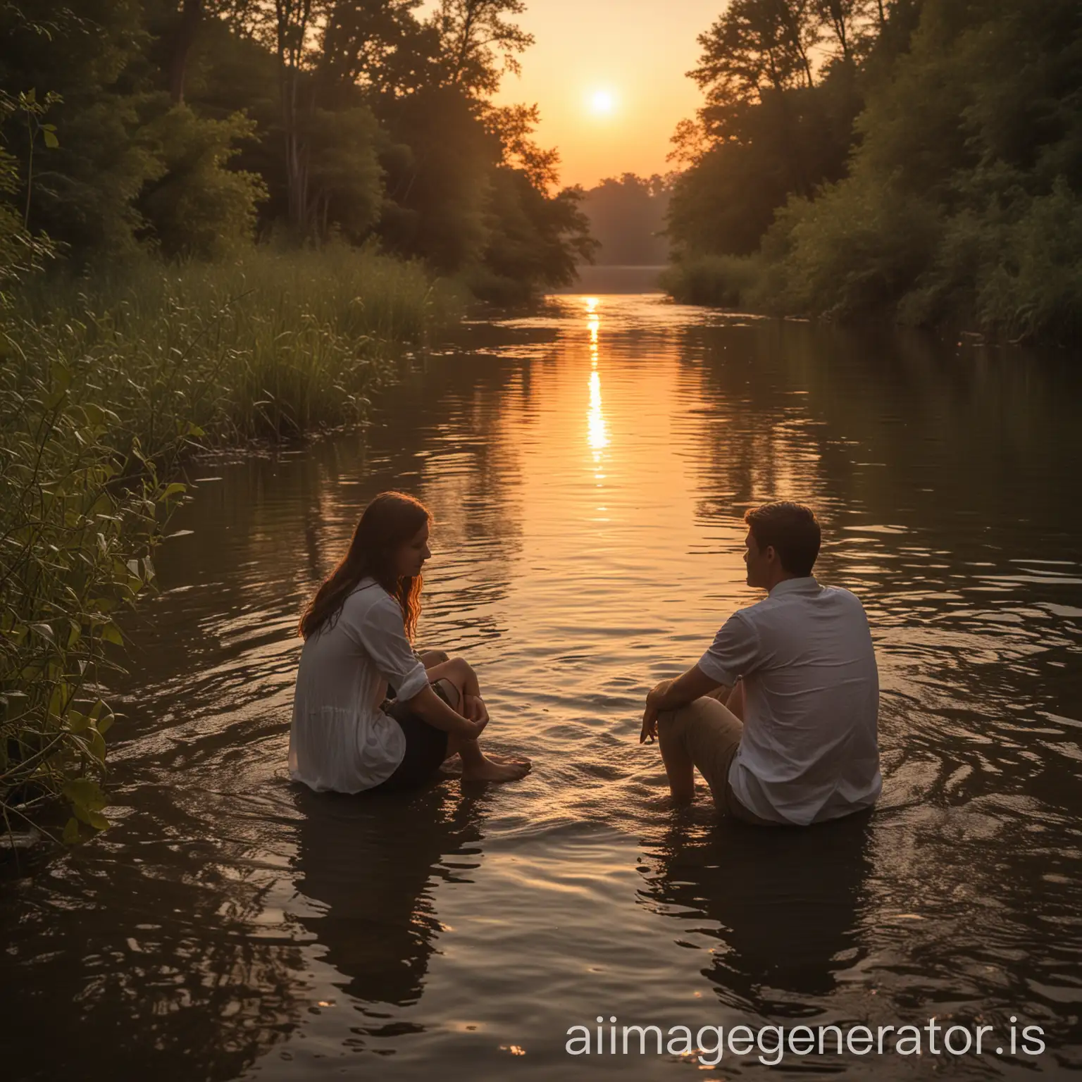 Under the soft glow of the setting sun, a young couple sat on the riverbank, facing each other. Their eyes met in a tender gaze as they spoke softly, sharing their dreams and secrets. The gentle flow of the river beside them added a soothing rhythm to their heartfelt conversation. In this quiet moment, with the world fading away, their connection was clear and strong, a testament to the deep love and understanding they shared.