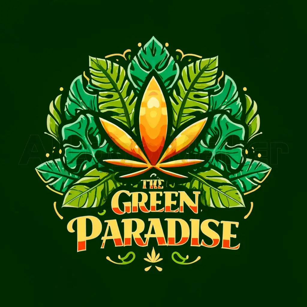 a logo design,with the text "the green paradise", main symbol:a golden leaf of cannabis in the middle and around a green indoor jungle with monsteras and ferns in psychedelic style with many different green colors, the text is "the green paradise",complex,be used in Retail industry,clear background