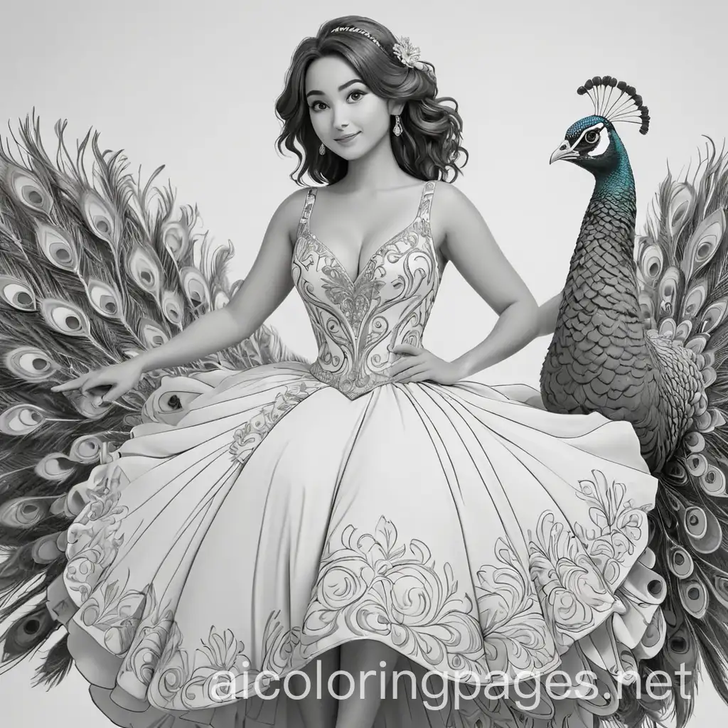 woman with enormous boobs wearing a dress riding a peacock, Coloring Page, black and white, line art, white background, Simplicity, Ample White Space. The background of the coloring page is plain white to make it easy for young children to color within the lines. The outlines of all the subjects are easy to distinguish, making it simple for kids to color without too much difficulty
