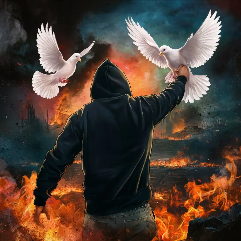 Black Hooded Man and White Dove Navigate Chaos Together