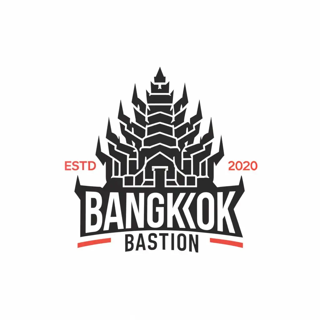 a logo design,with the text "Bangkok Bastion", main symbol:Name : Bangkok Bastion
Main Logo concept : Pom Phra Sumen of Thailand
Main Logo color : White
Logo background : Black,complex,clear background