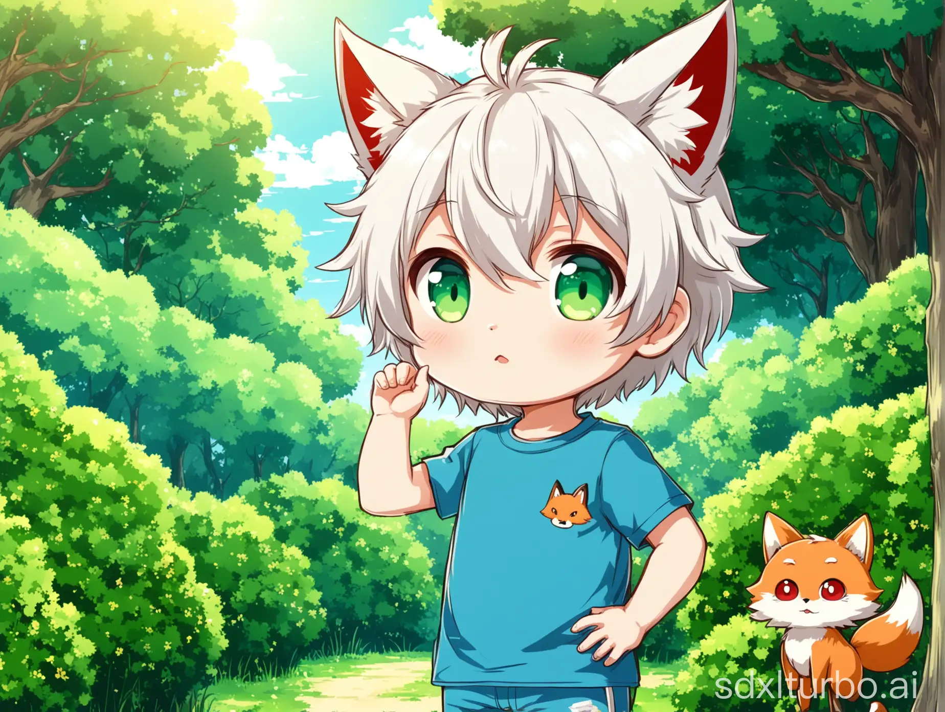 a cat boy, shota, wCharacter Description: young child, chibi style, white hair, big green eyes, wearing animal ears (cat/fox ears) Clothing: blue t-shirt with a cartoon animal print, red shorts, white socks, barefoot Pose: standing, one arm raised, slightly tilted head Background: outdoors, sunny day, greenery, bushes, trees, birds flying in the sky Art Style: anime, bright colors, detailed background, soft shading Expression: curious, innocent, slight blush