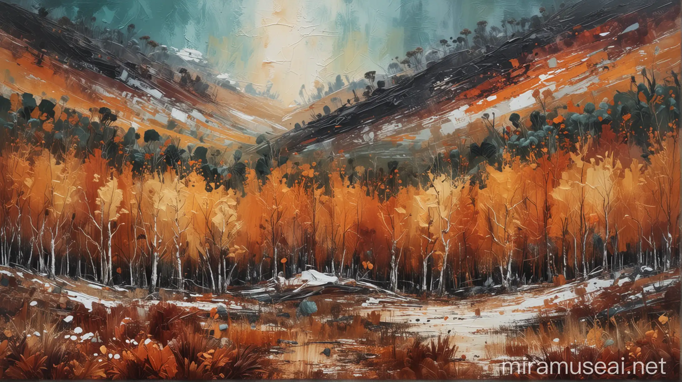 abstract landscape image with rich acrylic paint texture inspired by autumn and winter in Tasmania