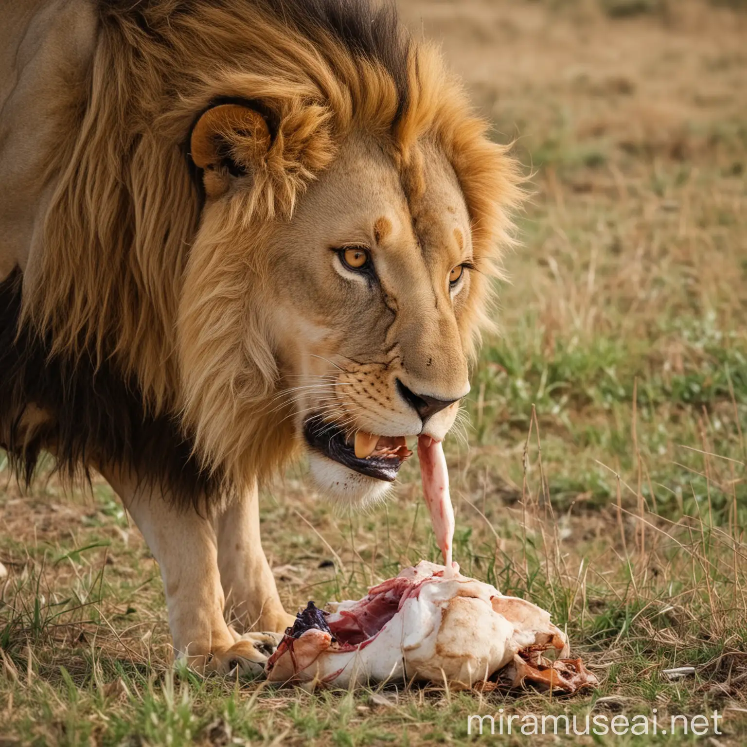 Fierce Lion Devouring Prey in African Savanna