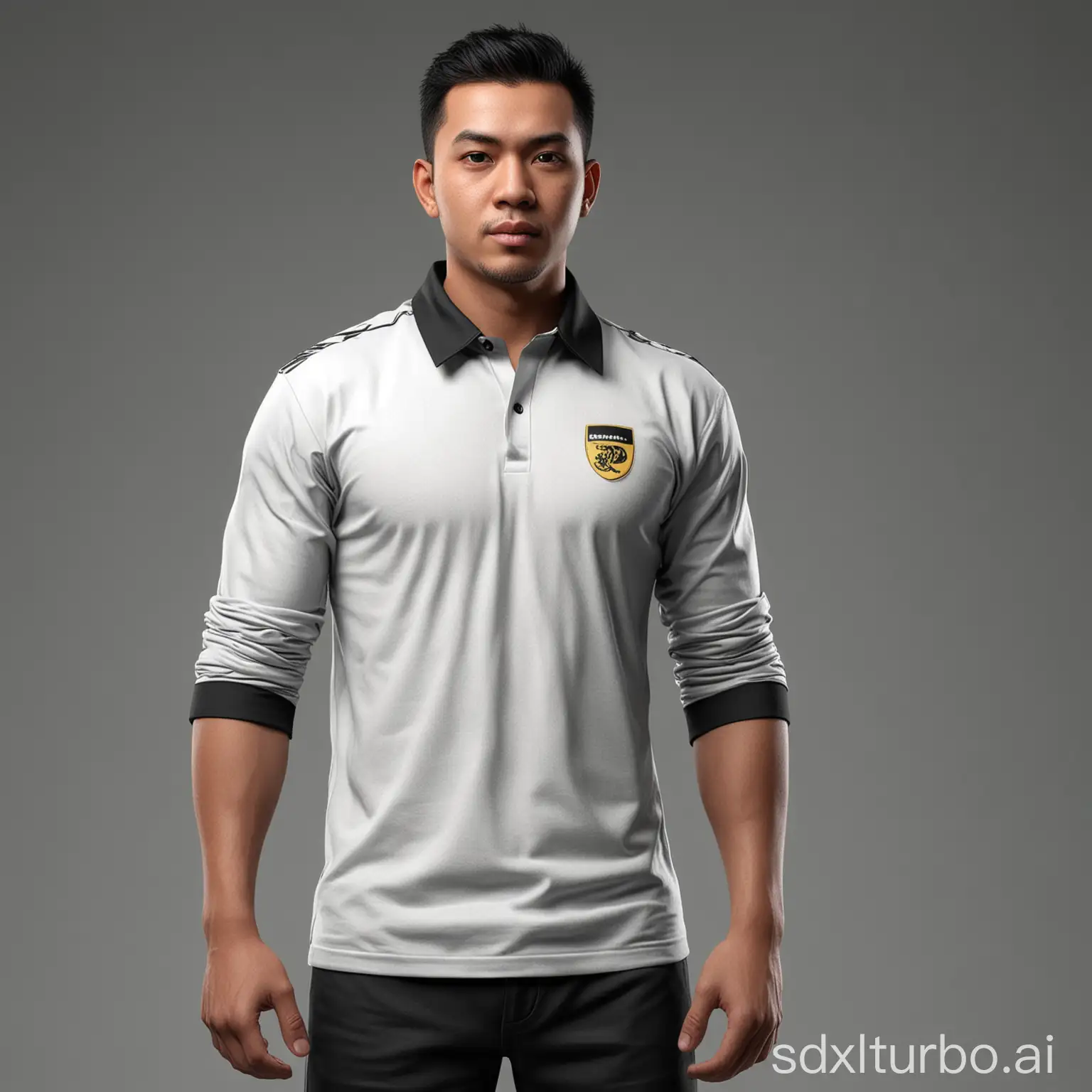 [Create a character 3D animation realistic full body with a big heads. A 35 year old Indonesian man. Tall, ideal body, buzzcut hair style, beautiful and neat eyebrows, beautiful eyes, sharp nose, beautiful lips, faint smile. Stand at an angle, eyes straight facing the camera. Wearing a sports jersey which is predominantly white with yellow accents on the sleeve and black on the edge and collar of the shirt. Soft gray gradient color background. Very realistic image, 3D, UHD, 16K, good and natural lighting].