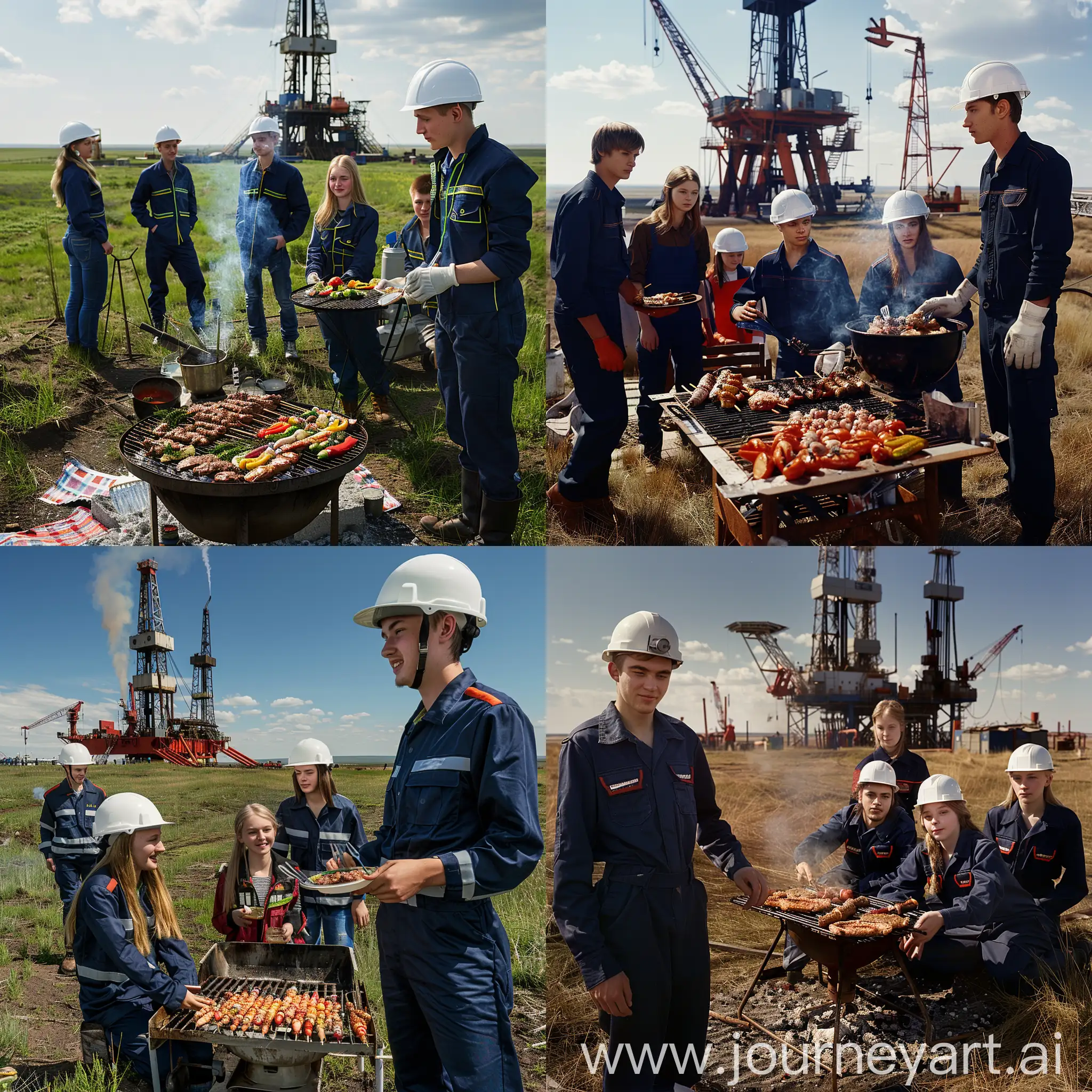 hyperrealistic high-quality image of  young youth students oil workers in dark blue professional uniform and white safety helmets having a barbecue picnic in a Russian steppe, with an oil rig in the background, no other people in the background, normal human faces, sunny weather