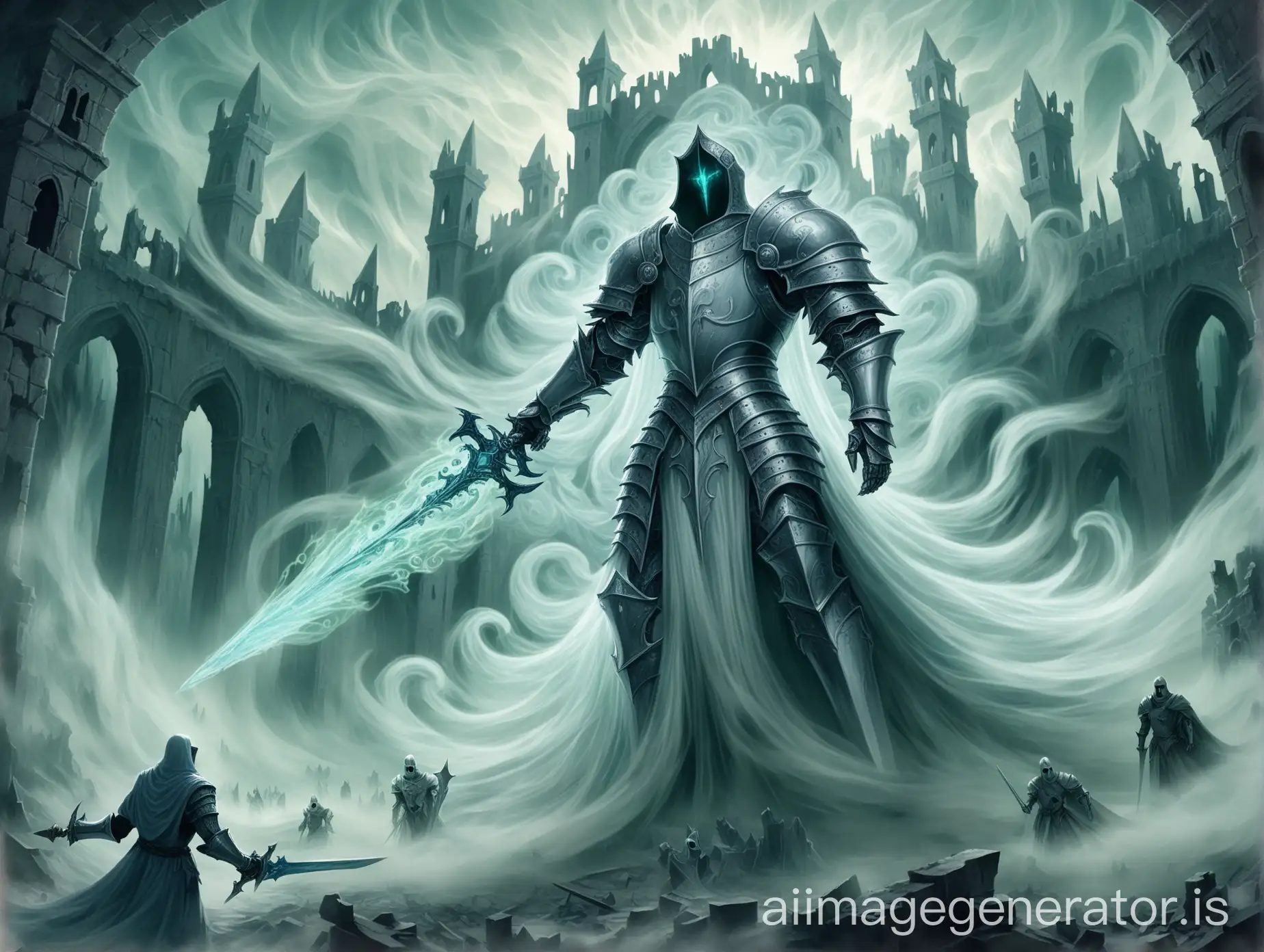 Craft a digital artwork of a determined knight, surrounded by swirling mist, battling a gargantuan, spectral specter amidst the ruins of a forgotten citadel. The specter's ethereal form billows and shifts with unearthly grace as it assails the knight, who stands undaunted against the ghostly onslaught.