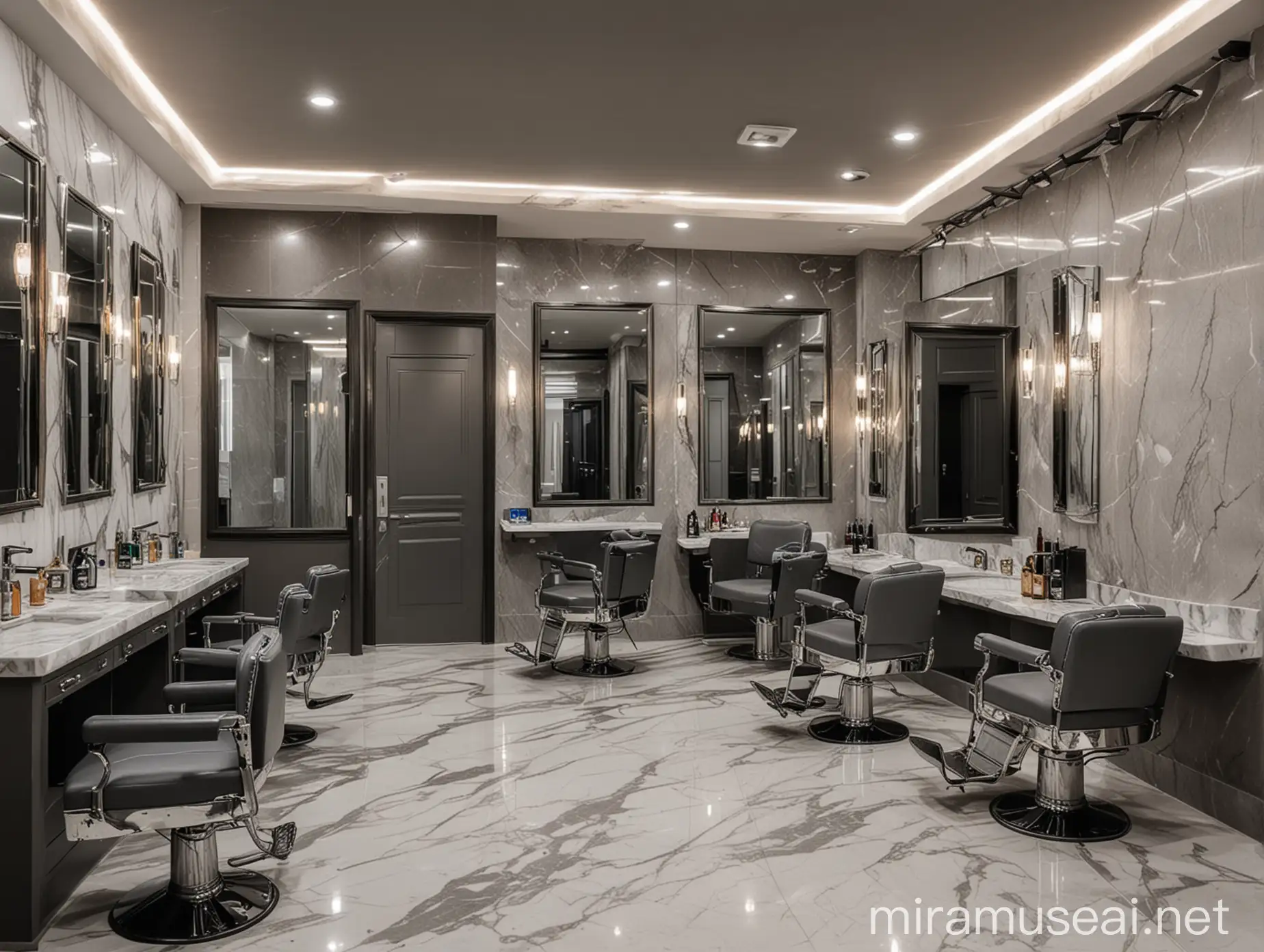 interior mens saloon design , haircutting room , 5 hair cutting chairs , white marble tiles , mirror infront of cutting chairs , metal frame cabinets partition between chairs , ceiling color grey , grey walls 
