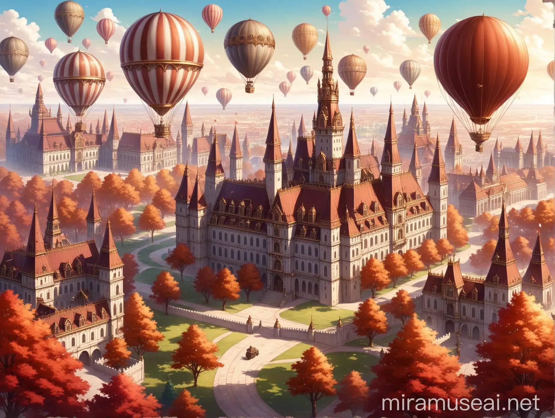 a victorian fantasy city with the royal palace at center of the city (the castle has red, white and bronze colors), the city is composed by beautiful steampunk houses around the royal palace, there are few colored hot air balloon in the air,  there are few elegant trees  in some peripheral zones
