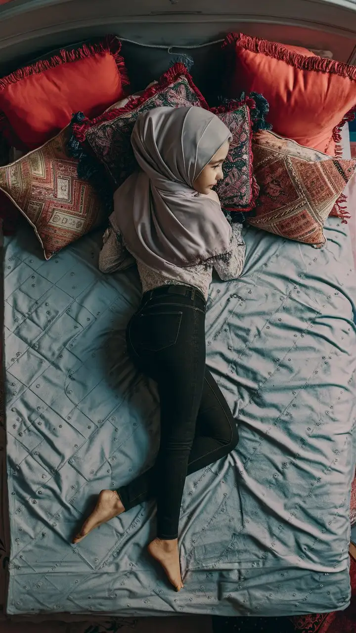 A little girl.  14years old. She wears a hijab, skinny tight jeans.
She is beautiful. She lie on the bed. well-groomed.
Bird's eye view, top view, From behind, turn back