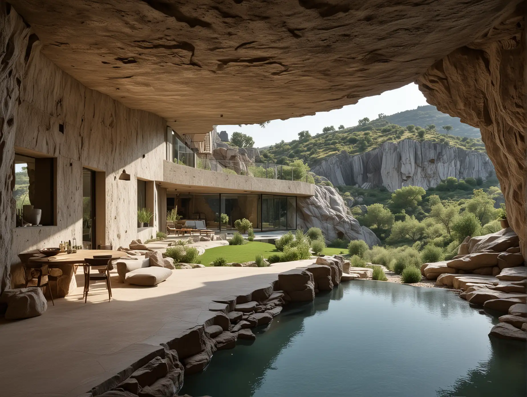 Generate an image of a modern minimalist house nestled in the heart of a cave. The cave is expansive, with rugged, textured walls that show centuries of geological history. The entrance to the cave is wide, allowing light to filter in and illuminate the space.

The house itself is a stark contrast to the natural surroundings, with its sleek, angular design and large windows that offer panoramic views of the cave's interior. The interior of the house is tastefully decorated with minimalist furnishings, creating a sense of tranquility and calm.

Outside, a waterfall cascades down from a rocky ledge, its gentle roar filling the cave with a soothing sound. The waterfall forms a clear pool at the base, reflecting the play of light and shadow on the cave walls.

Surrounding the house are small, carefully tended gardens, adding a touch of greenery to the otherwise rocky landscape. The overall scene is one of serenity and harmony, where modern architecture meets the ancient beauty of nature