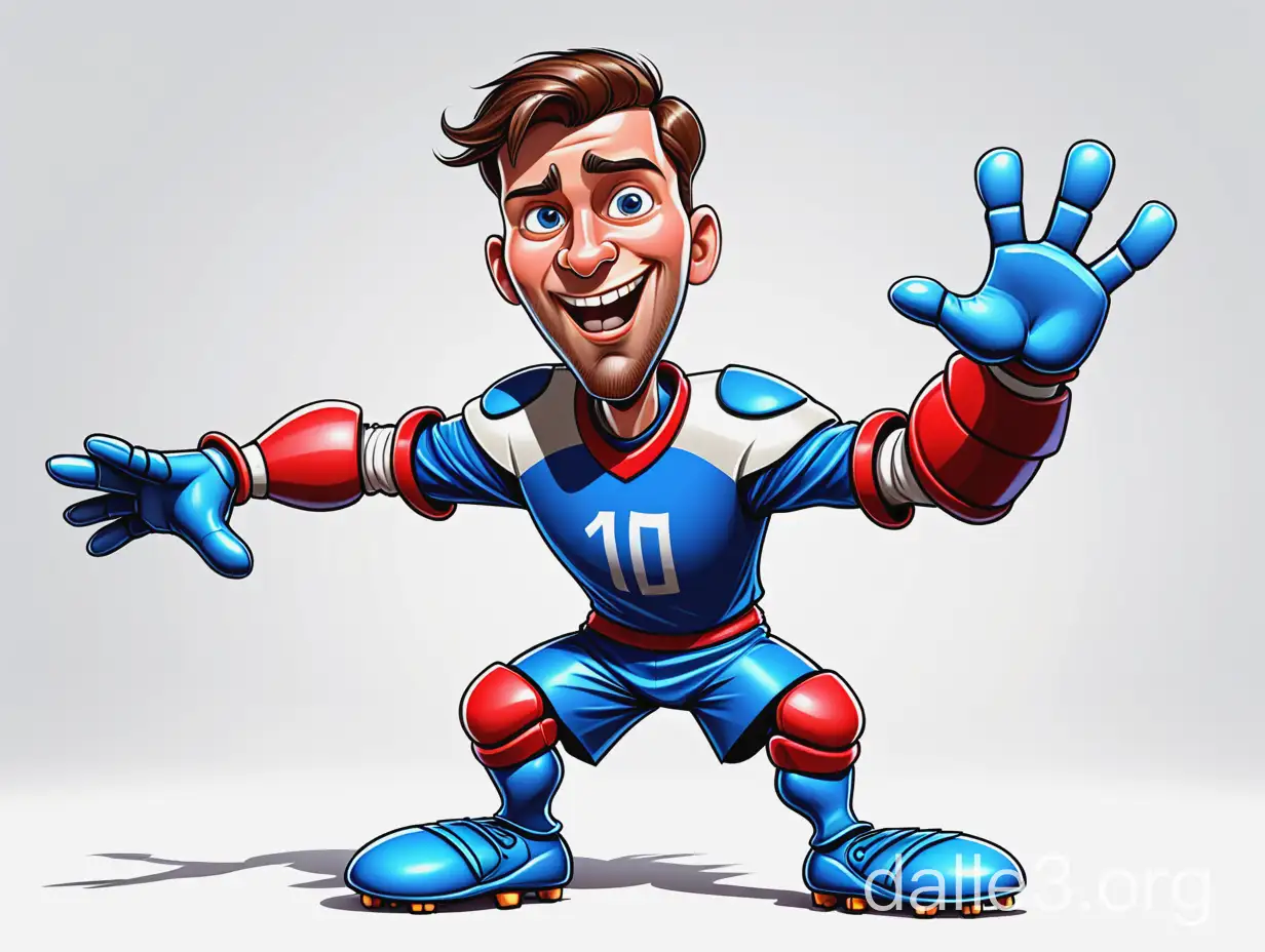 Cute cartoon-style medival football goalkeeper with confident and gambling expression with hands stretched in front of him, depicted in a cartoon and medival and dynamic manner, on white empty background. Artist/Style Inspiration: Bright clear colors, big shapes, all picture in blue and white colors with red accents. Technical Specifications: Cinematic view, high resolution, dynamic poses, dramatic lighting, low camera angles, --v 5 --q 2.