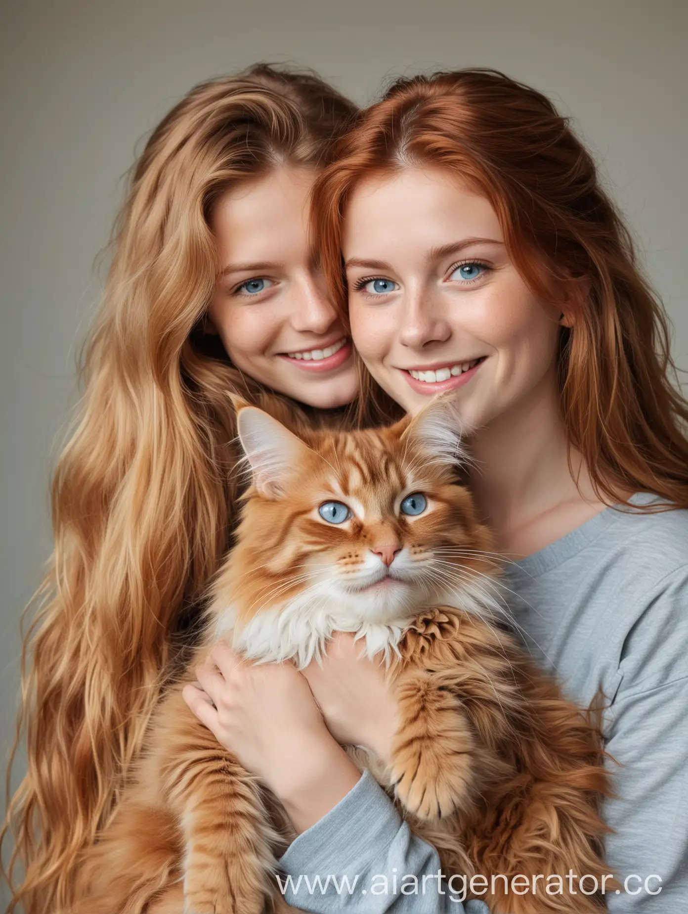 Smiling-Girl-with-Fair-Hair-Embracing-RedHaired-Boy-Holding-a-Maine-Coon-Cat