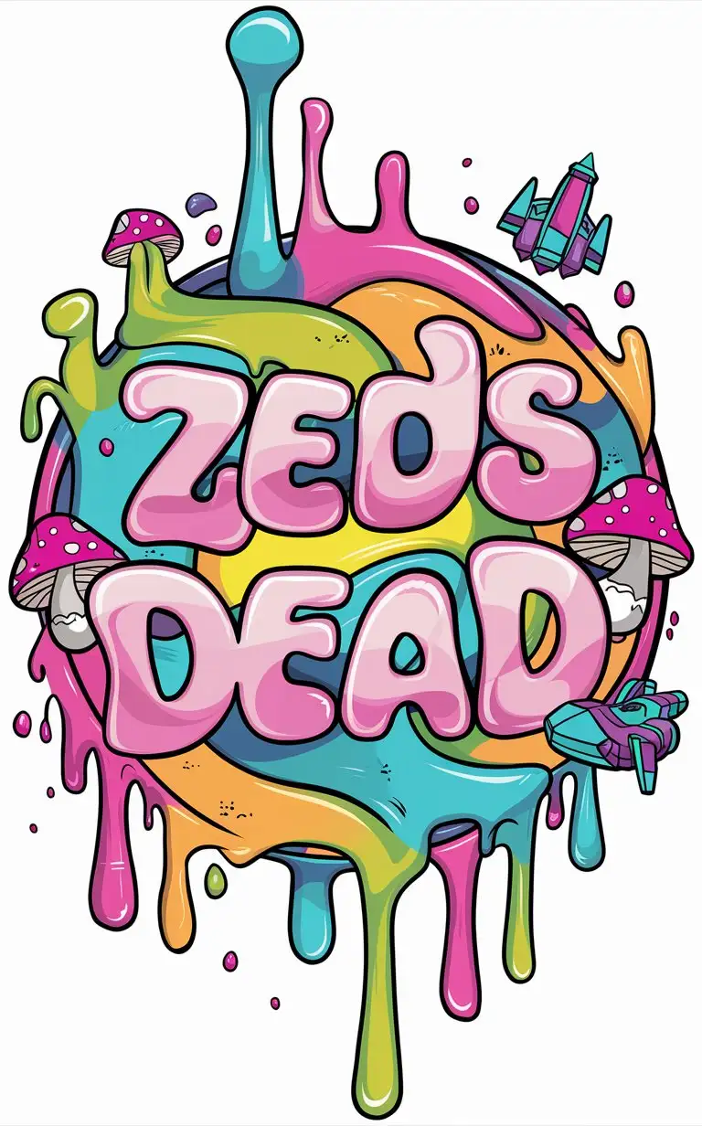 the words "Zeds Dead"  in a background in a cute font and colorful drippy slime with bright neon girly colors and mushrooms and space ships in a drippy circle
