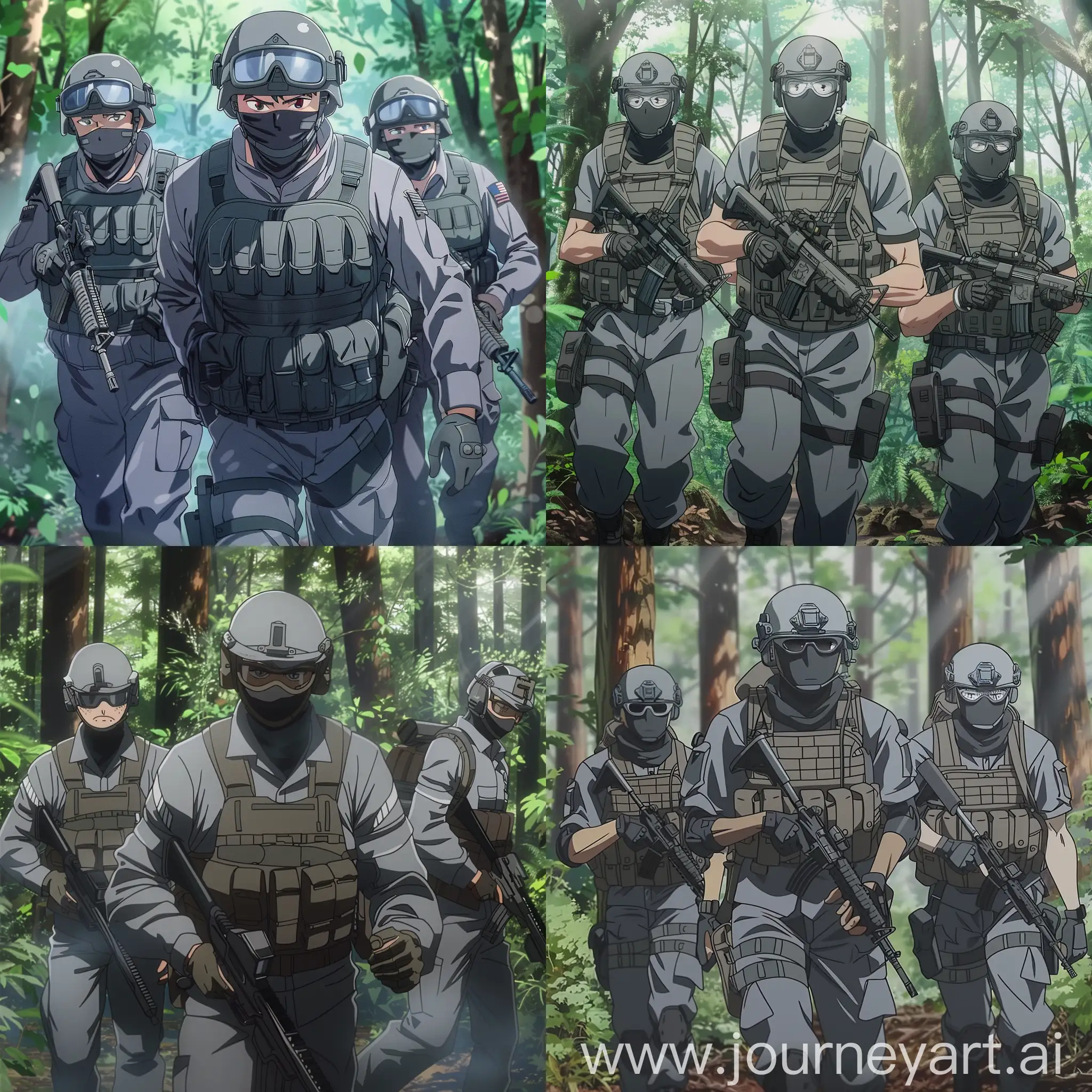 Anime-Style-Security-Officers-Patrolling-Forest-with-Weapons