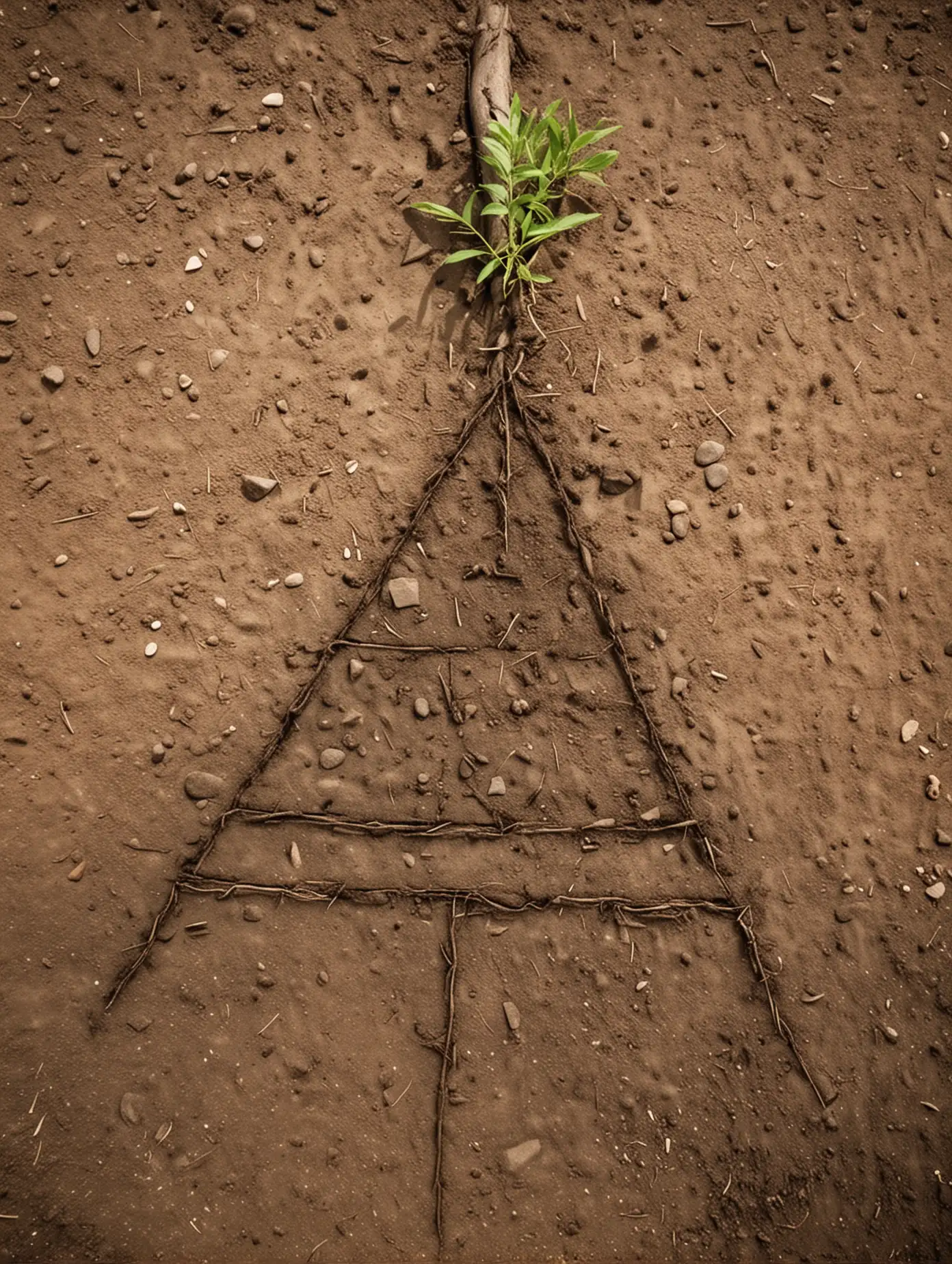 Равносторонний треугольник стоит на земле,из него растут корни в землю и вырос рано родовое дерево 
 