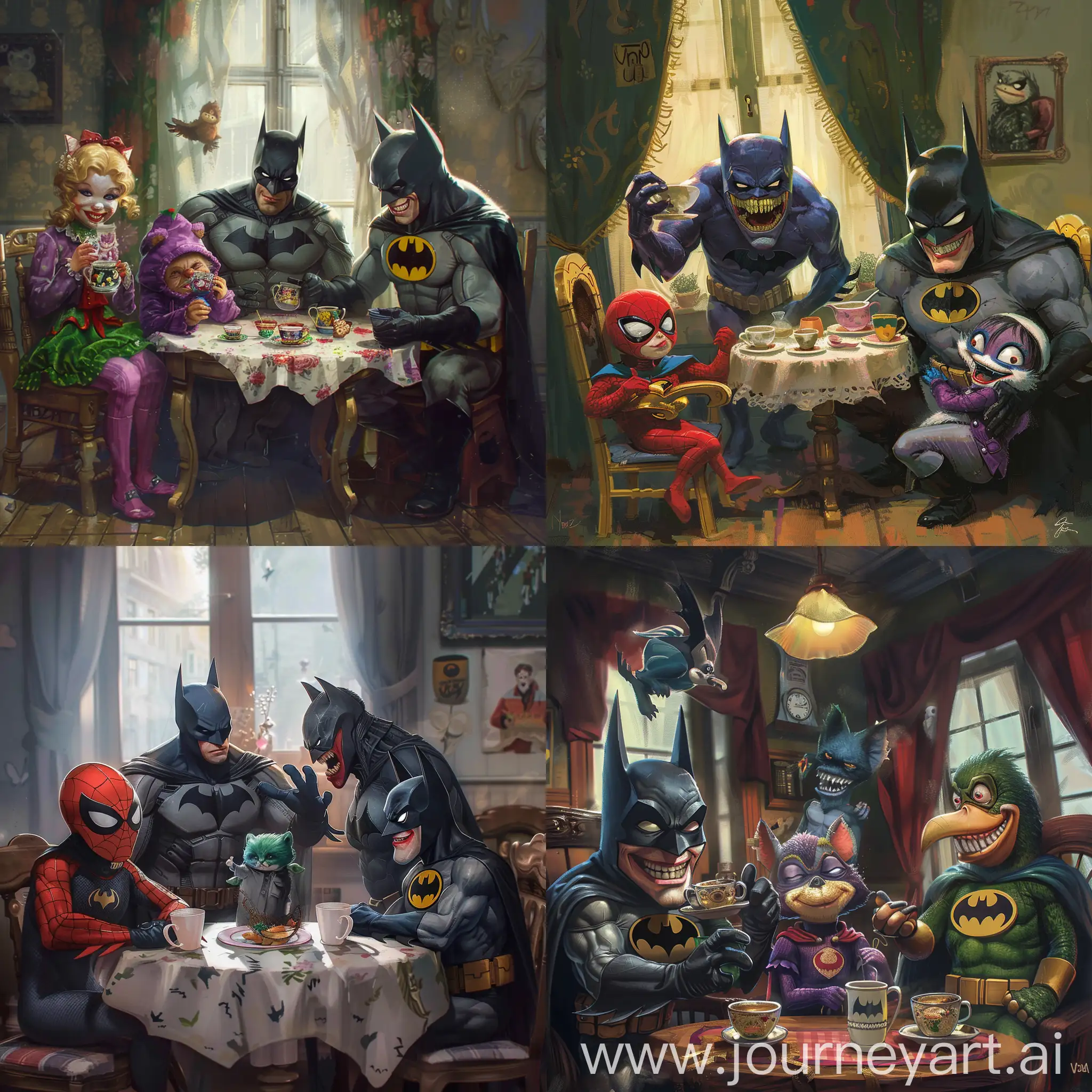 Бетмен и его друзья: Джокер Веном и Маша из "Машf И медведь" пьют чай за детским столиком и смотрят мультики