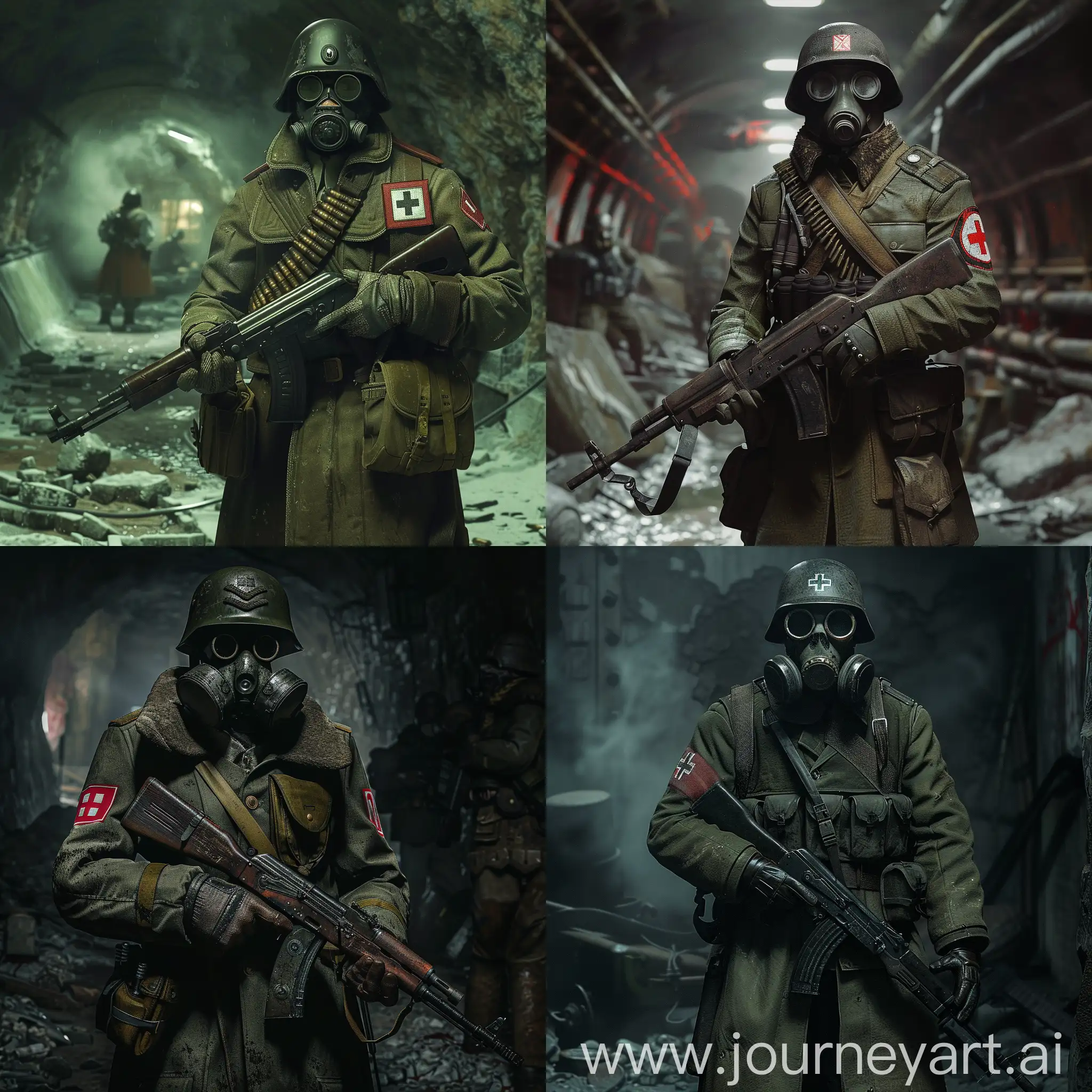 Metro 2033, survivor stand in post-apocalyptic armor and gasmask in a dirty and abandoned catacombs, he hold an old Soviet sniper rifle with both hands, lack of light sources, darkness, despondency, tension.