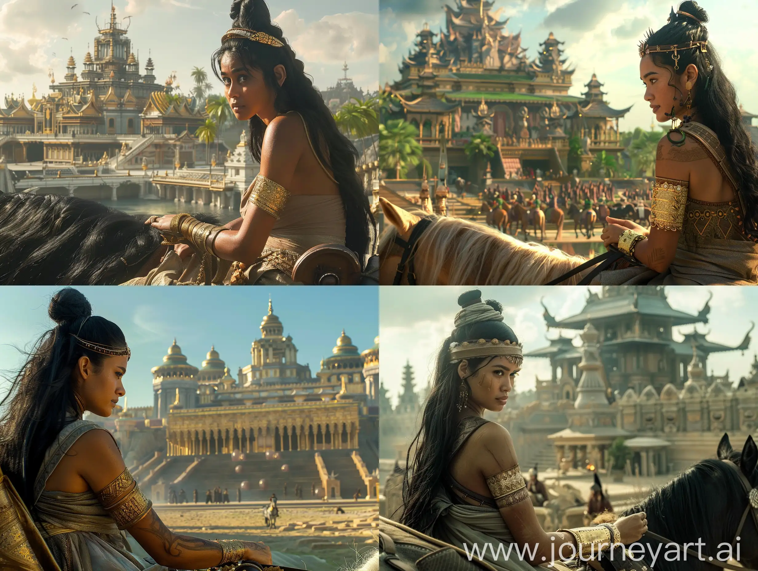 Cinematic panorama of the Sunda Kingdom of Pajajaran in the afternoon. A woman with long black hair, hair tied in a bun, wearing a headband, wearing a dress and gold jewelry on her arms, sits on a horse around the royal palace. --v 6 --ar 16:9