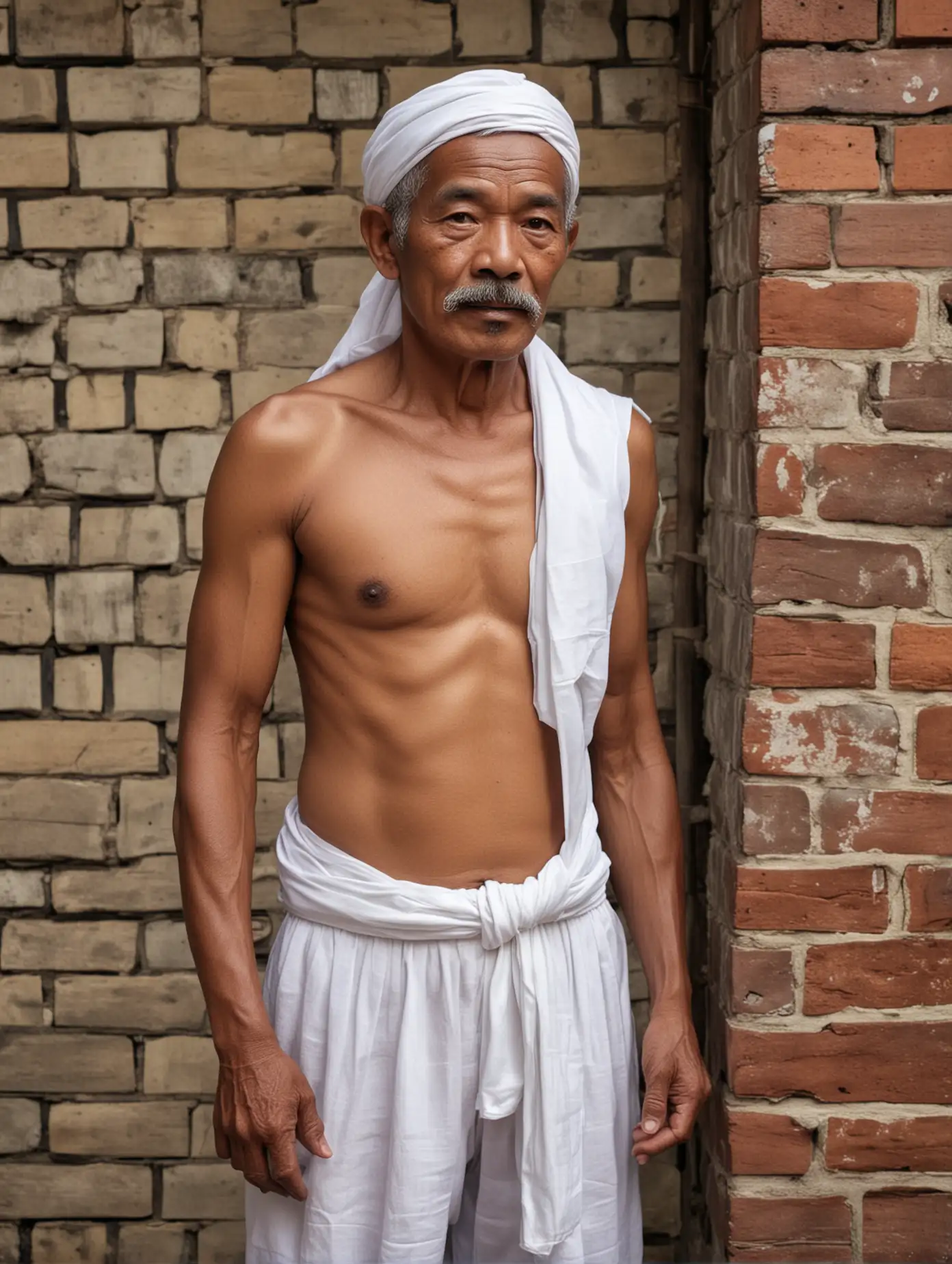 75 year old bare-chested Indonesian man, dark skinned, mustache, shirtless, wearing a long plain white Indonesian cloth, shirtless, wearing a plain white traditional Indonesian headband, pose facing the front, in a traditional brick house