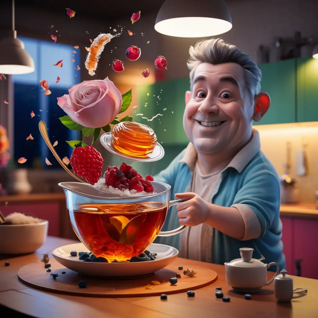 Cartoon Man Preparing Tea with Flying Ingredients 4K8K Resolution