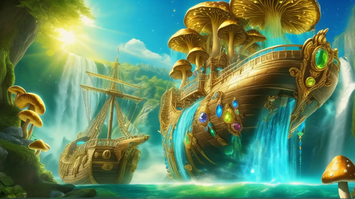 Magical Fairytale bright blue and green waterfall and gold and gemstones and treasure chests  on a old-giant flying-ship with bright sunny sky. Golden-florescent-glowing-mushrooms.