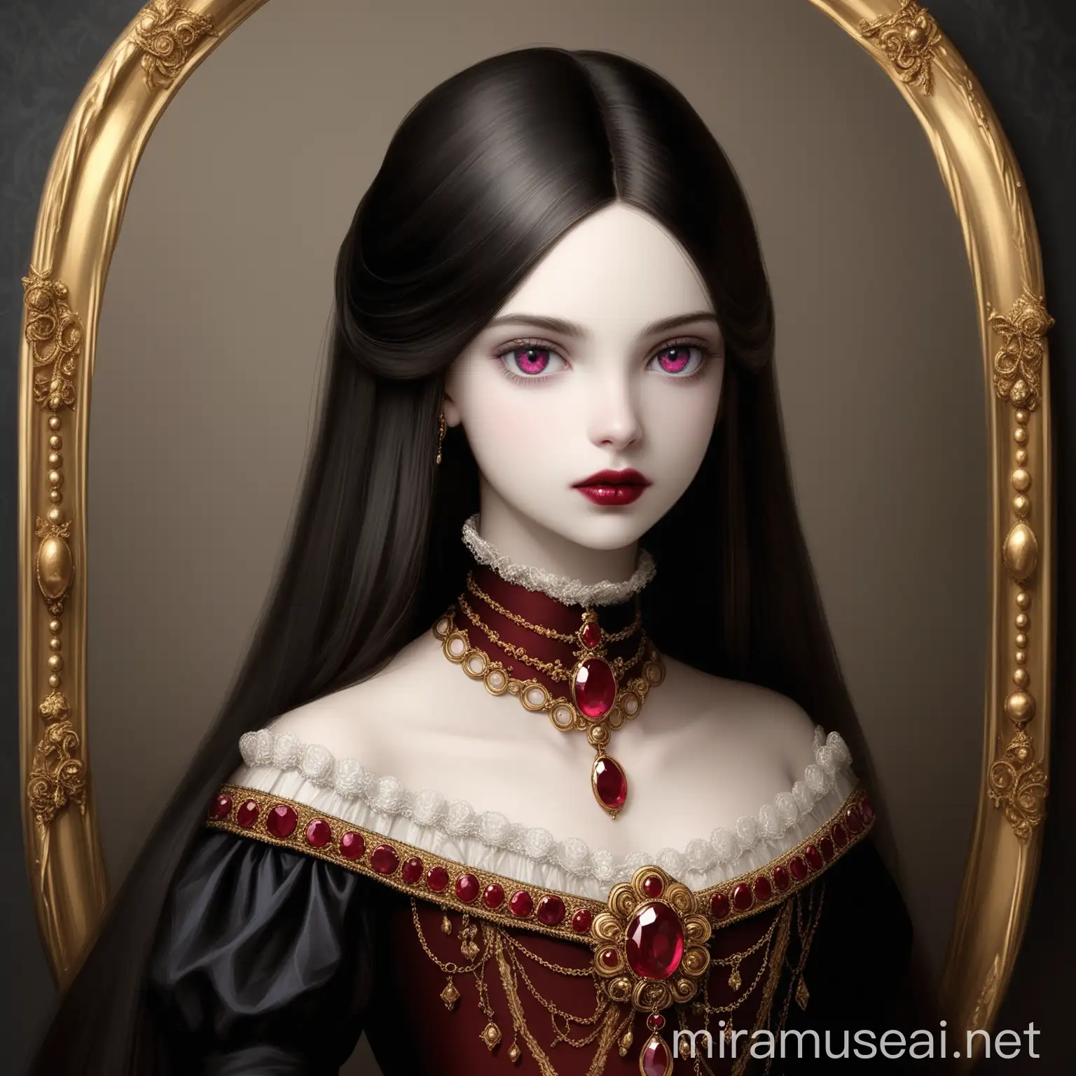 Elegant Young Princess in 19th Century French Fashion with Gold and Ruby Jewelry