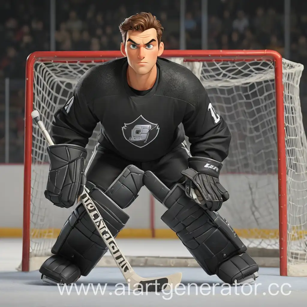 Cartoon-Handsome-Male-Hockey-Goalkeeper-in-Black-Form