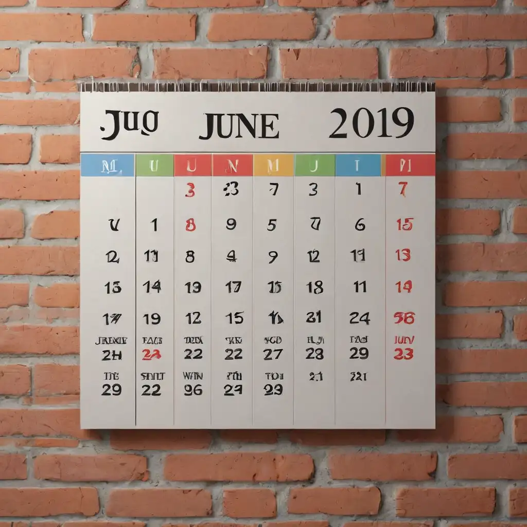 Defined 3D big June Calendar on a brick wall