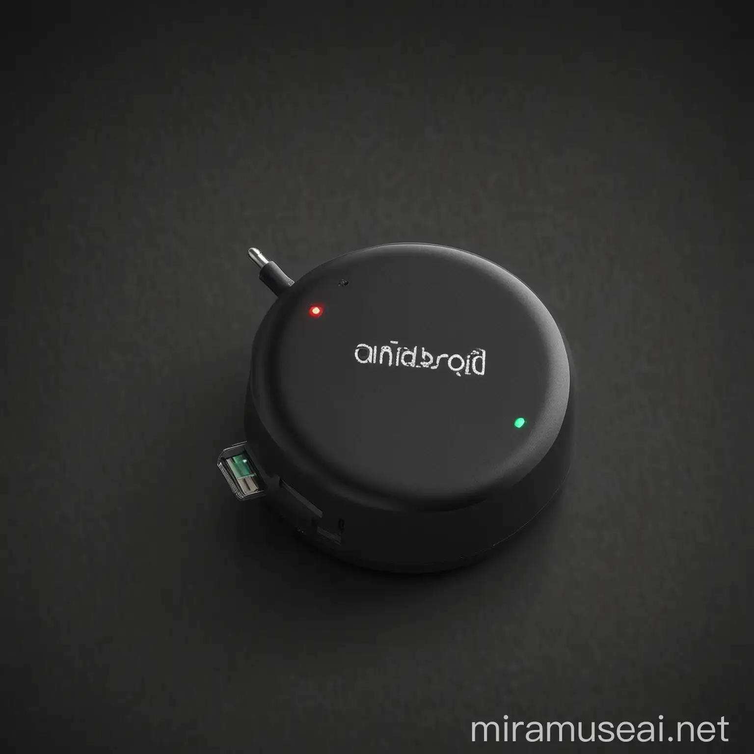 Create an image of a sleek, small device called 'EasyDrop' that connects to the charging port of an Android smartphone. The device should have a modern, minimalistic design, similar in size and shape to a USB flash drive. It should have a smooth, matte black finish with subtle, soft-touch edges for a premium look. The top of the device should feature a small, discreet LED indicator light. The device should also have a small logo that reads 'AndroidDrop' in a clean, futuristic font. Additionally, include a visual representation of wireless signals emanating from the device to illustrate its wireless connectivity capabilities with nearby Apple devices.