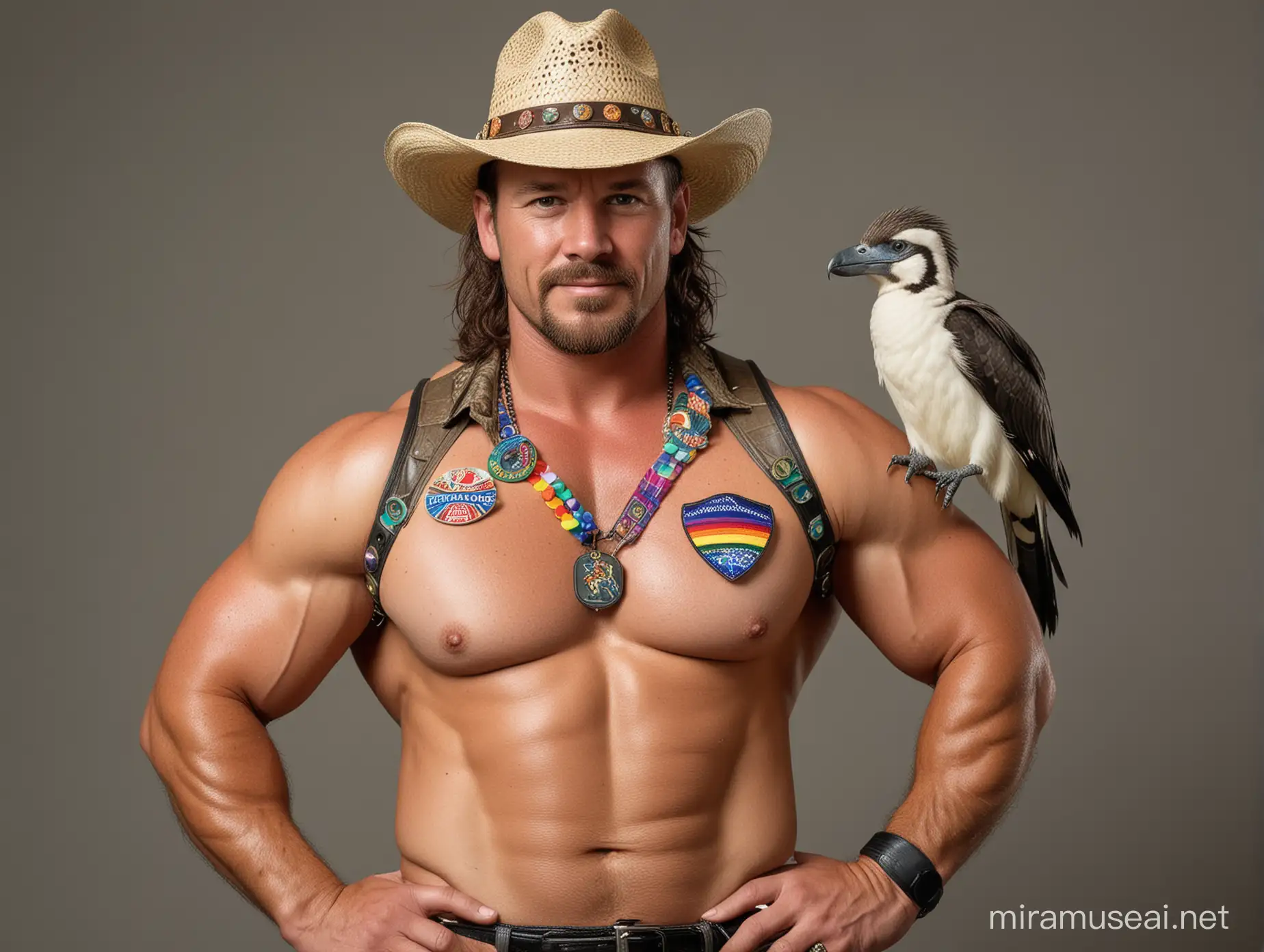 Big Strong Beefy Muscled World's strongest Australian man wearing unbuttoned crocodile dundee Outfit with Rainbow Badges and a Kookaburra on his shoulder