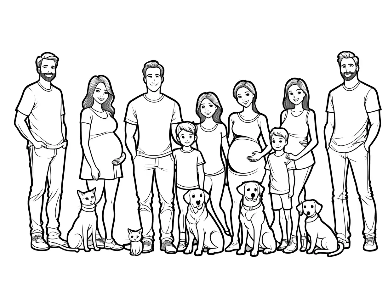 a family with a man, a pregnant woman, a teen girl, an older boy, two middle boys, a younger girl, a baby, a cat, and a dog, Coloring Page, black and white, line art, white background, Simplicity, Ample White Space. The background of the coloring page is plain white to make it easy for young children to color within the lines. The outlines of all the subjects are easy to distinguish, making it simple for kids to color without too much difficulty