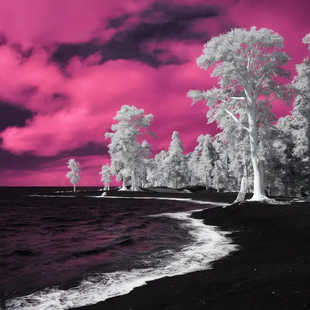 Black sea with pink sky 
and white trees