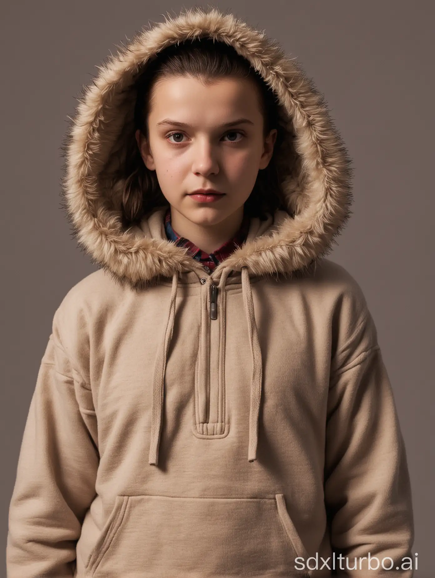 Eleven, stranger things, fur-trimmed hoodie, lab