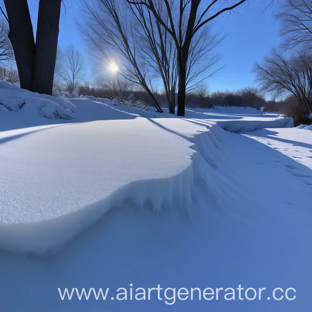 A large snowdrift of snow and ice in the shade. Light on the left and back.