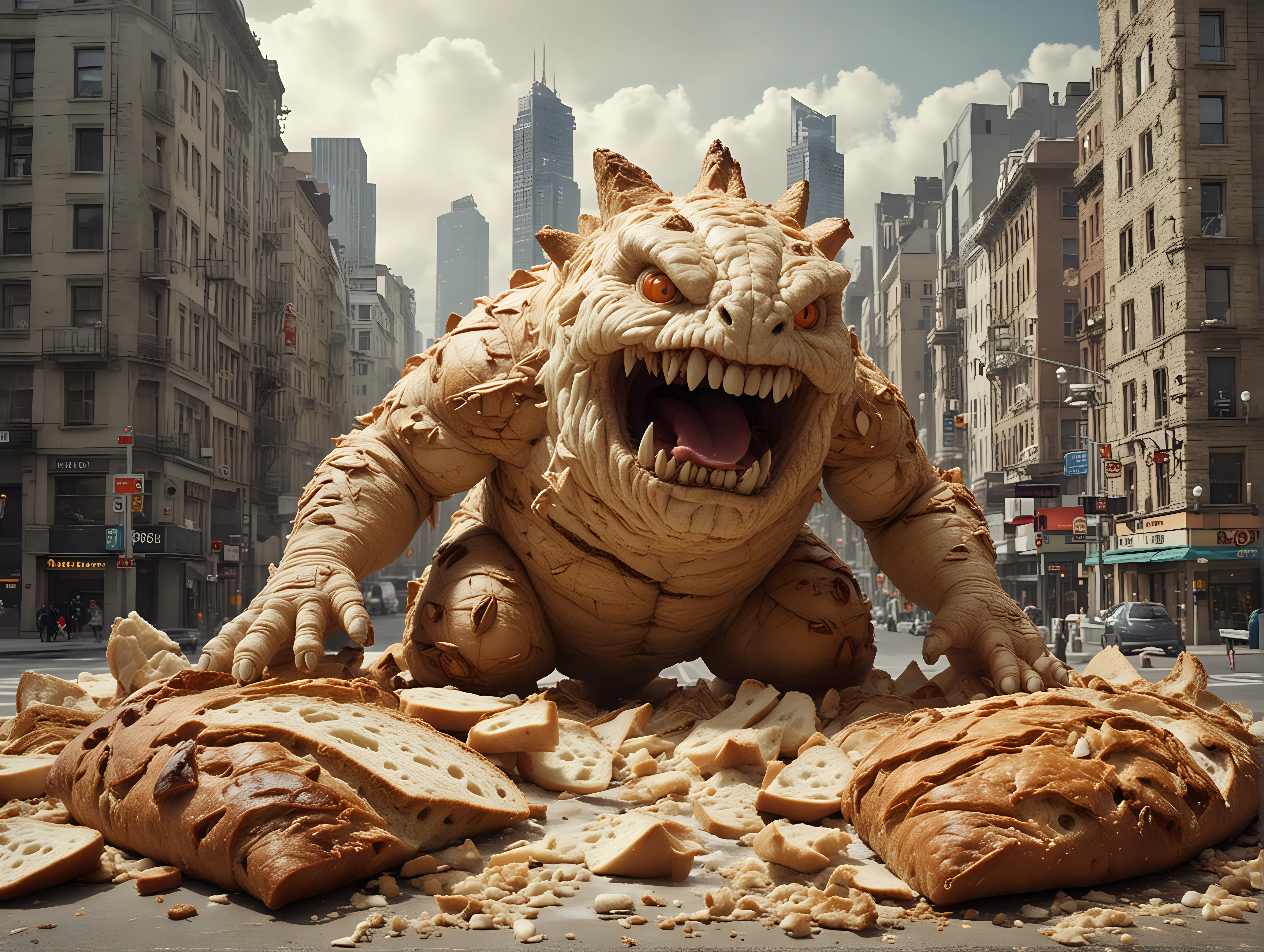 Bread monster kaiju, sourdough texture, destroying city