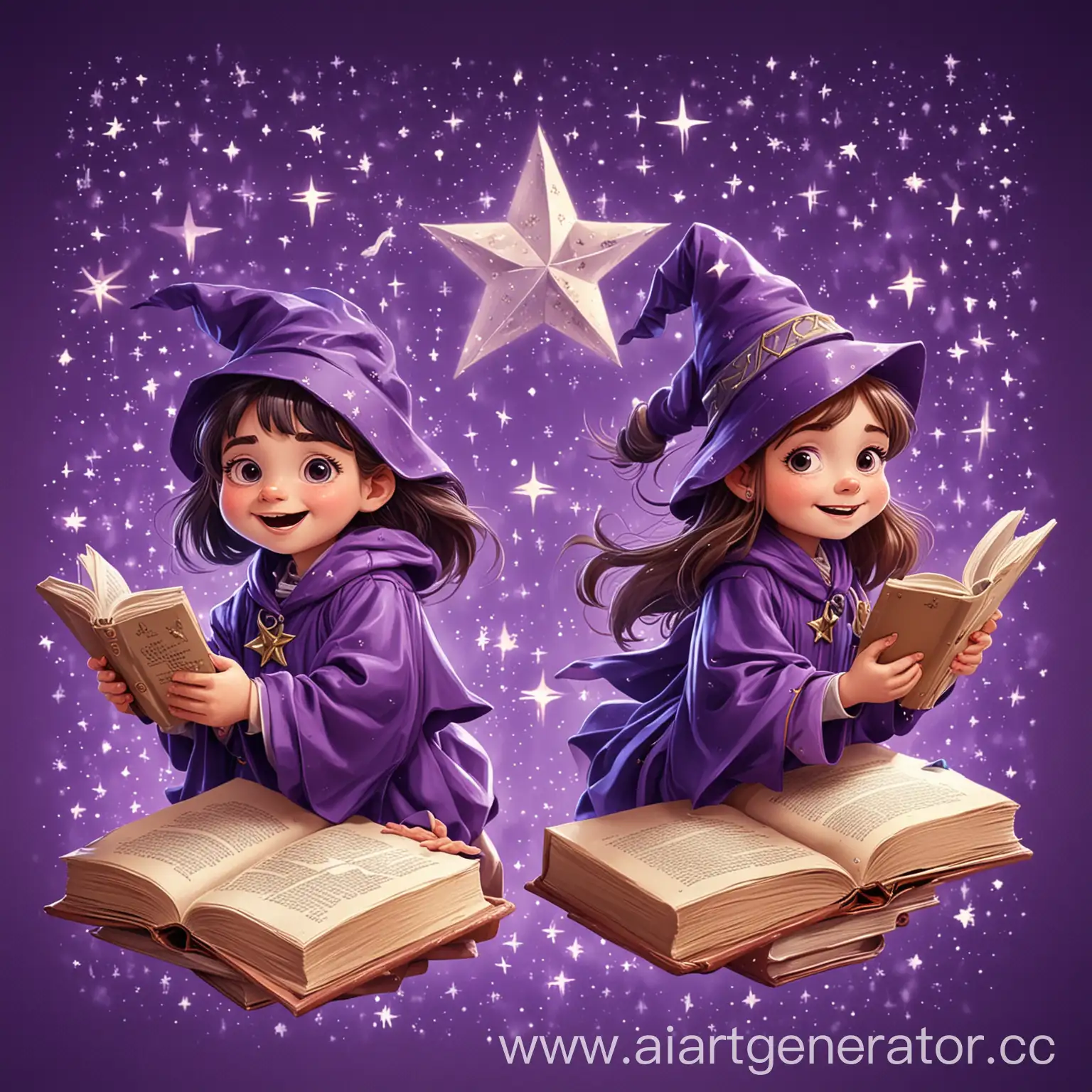 School-of-Good-Wizards-Two-Cartoon-Children-Studying-with-Textbooks-Surrounded-by-Stars-on-a-Purple-Background