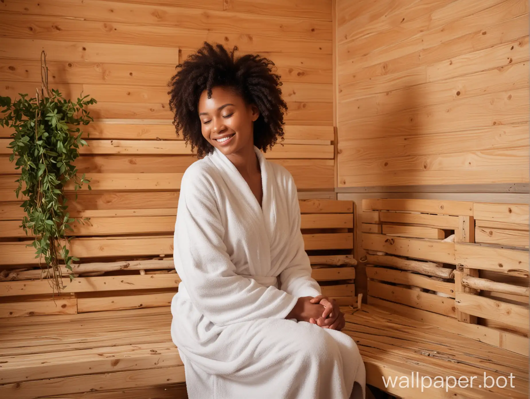 generate photo A Black woman sits on a bench in a white robe in the sauna, relaxed and smiling. Her skin glistens from the steam, her hair curly and wet. She holds a bundle of birch twigs, ready to begin the procedure of the Russian bath. Around her you can hear pleasant sounds of steam and the smell of herbs, creating an atmosphere of comfort and tranquility. The woman enjoys the moment of rest and care for her body in this cozy corner of the sauna.
