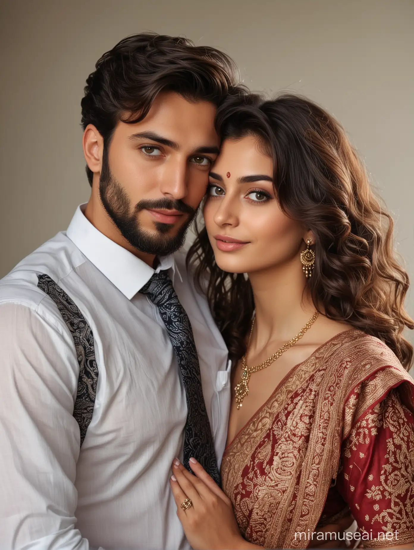 full portrait photo of most beautiful european couple as most beautiful indian couple, most beautiful cute girl in elegant COLOR saree, wide black eyes, full face, girl has long wavy hair cascading, makeup, blouse low cut, full neckless, girl embracing, resting head on chest of man with deep emotion and excitement, man comforting girl with hands around her, man with stylish beard and perfect short hair cut, man in formal shirt and tie, photo realistic, 4k.
