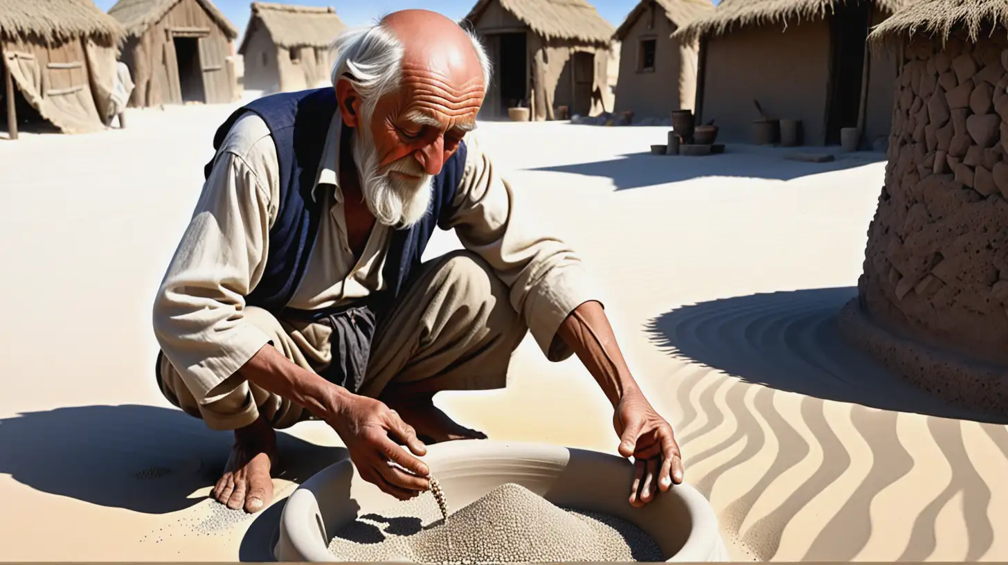 Wise Old Man Sifting Sand into a Jug with Small Stones