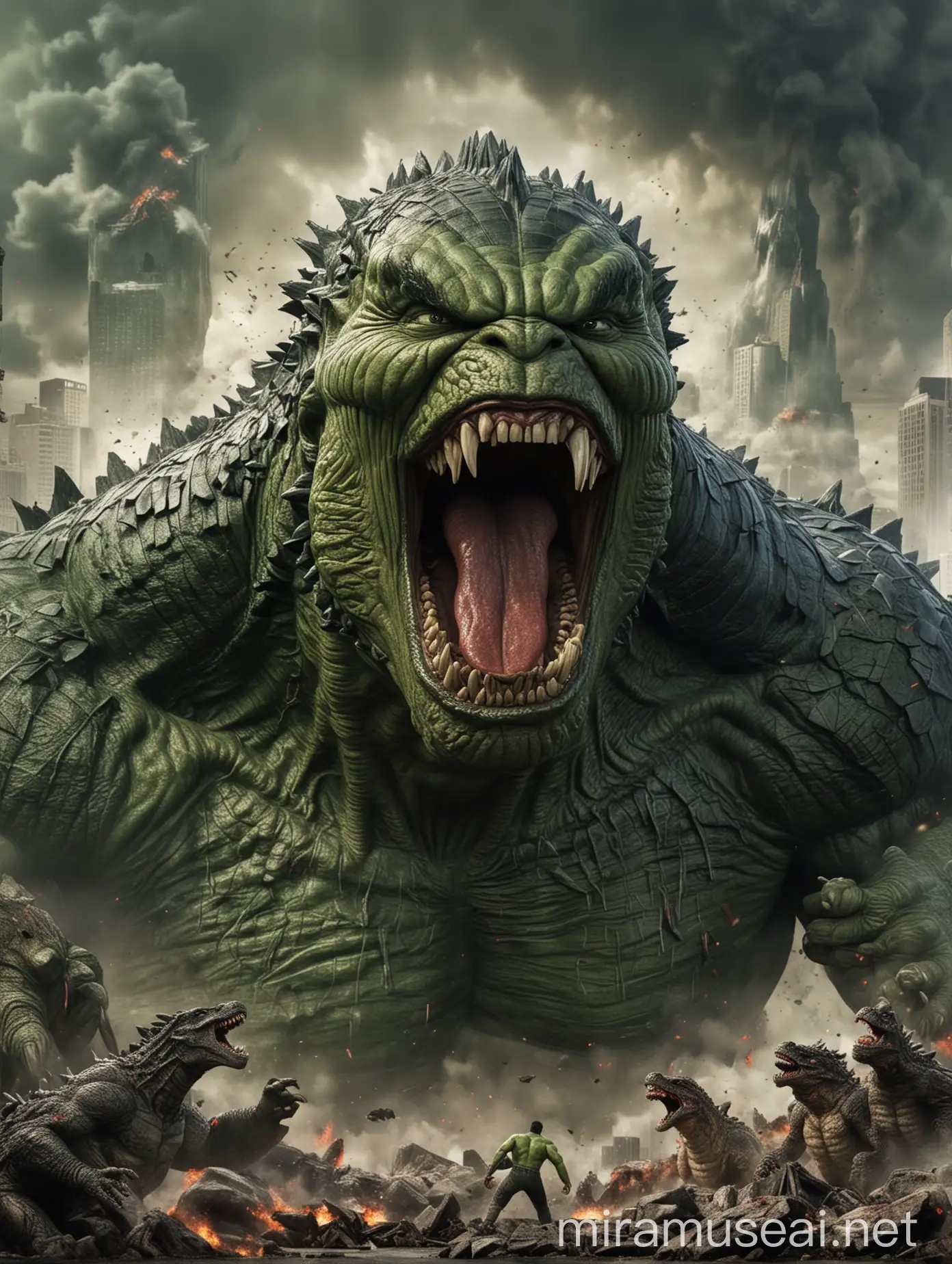 Hulk tearing the mouth of Godzilla, world war background, Hulk very angry, giant godzilla