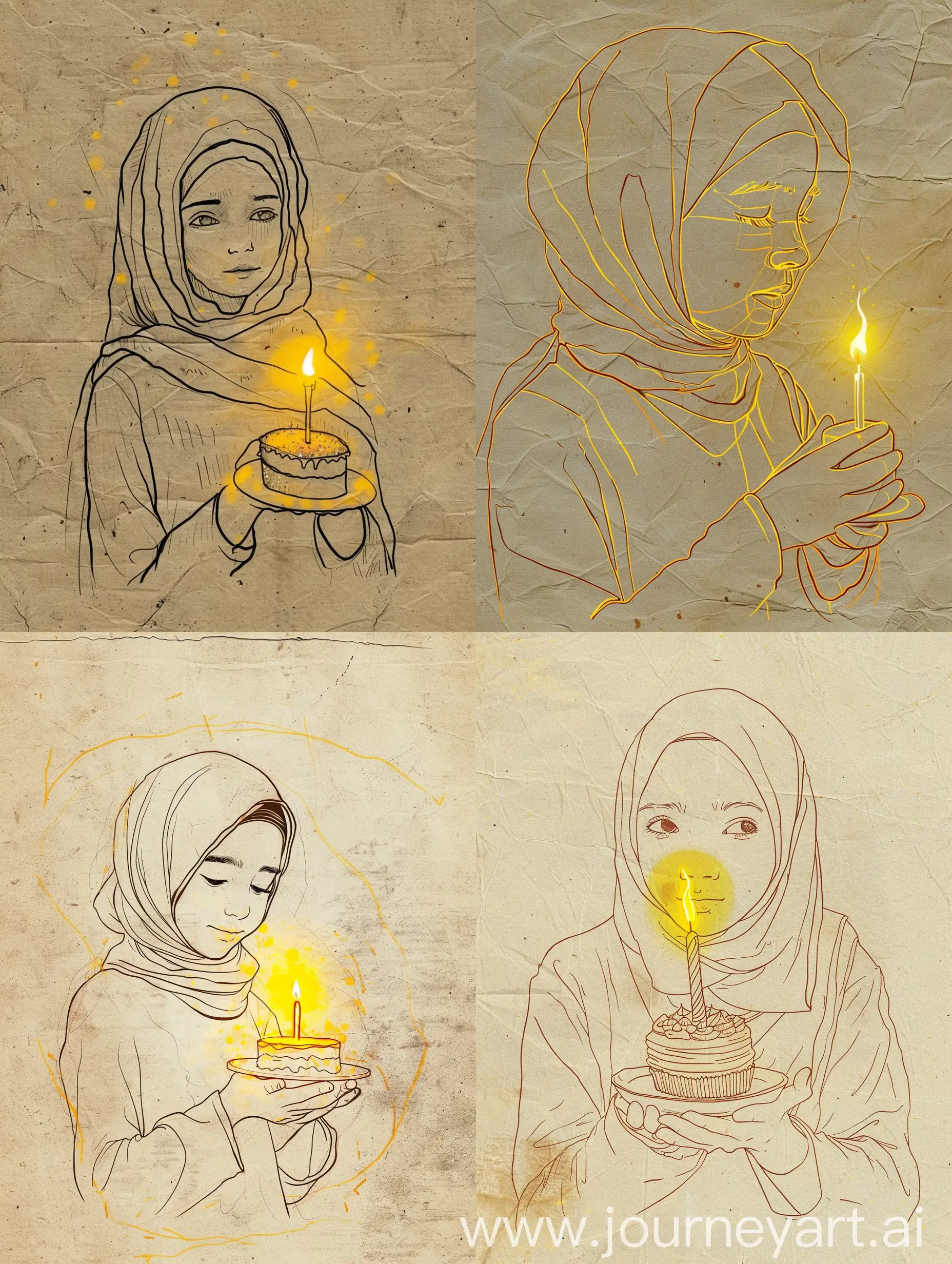 a very simple and minimalist outline sketch/line drawing portrait on old paper depicts a young girl hijab holding a small cake with one lit candle on it. The yellow light from the candle illuminates her face in the drawing, creating the illusion of three-dimensional depth on the minimalist outline illustration. 